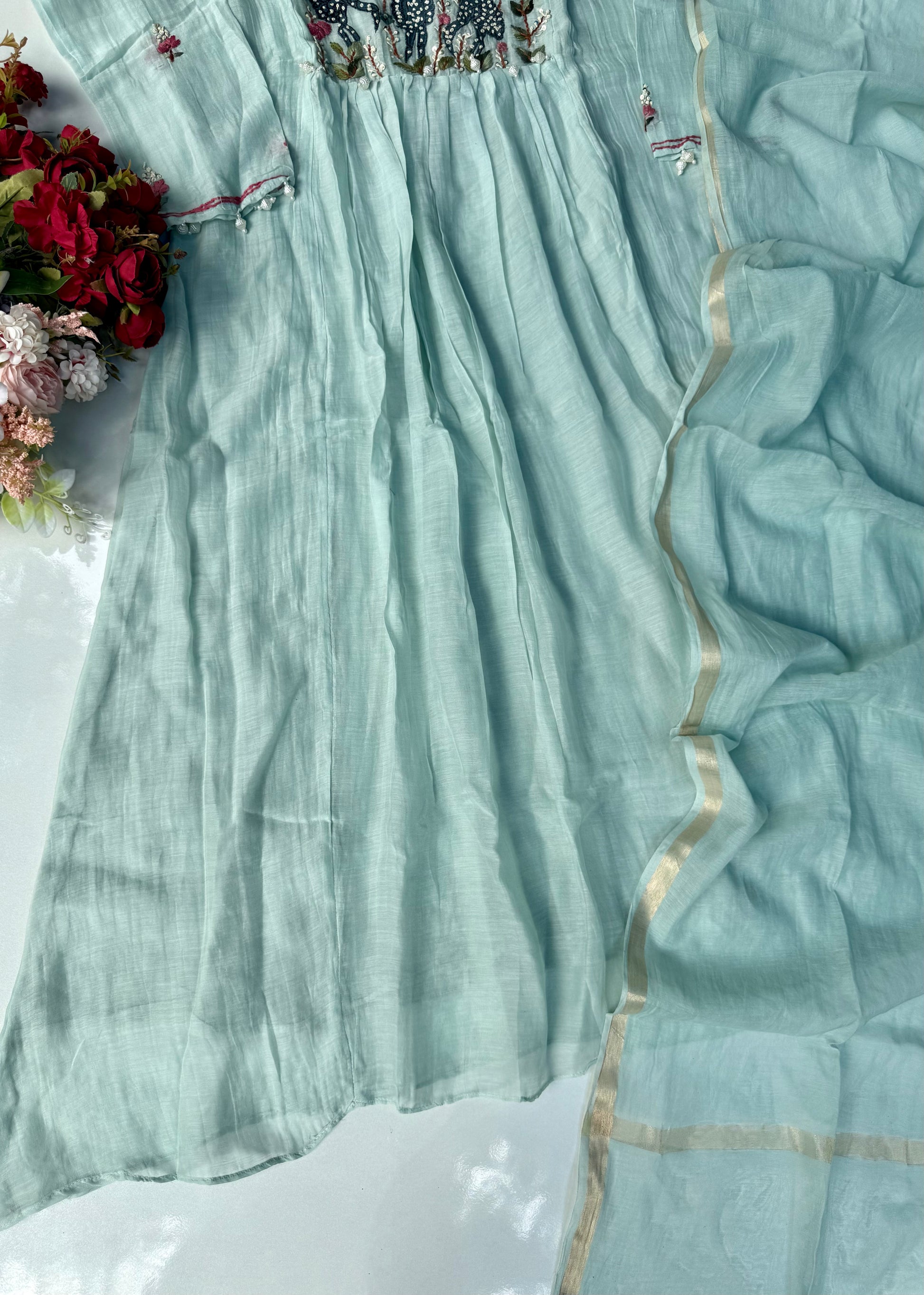 “Blush” Aqua Blue Mul Chanderi Anarkali Suit Set