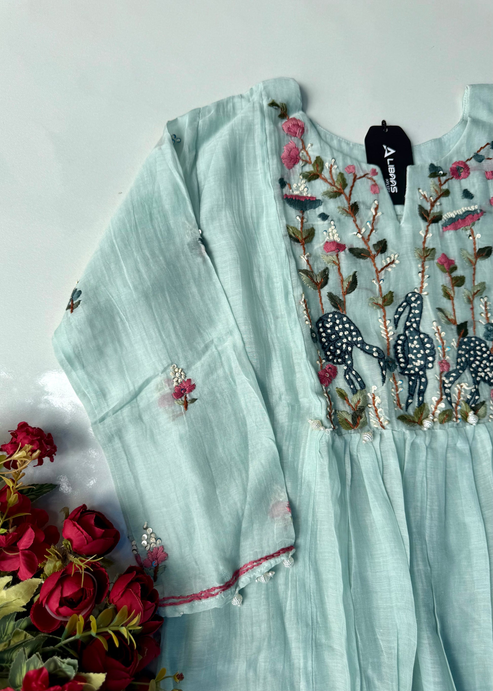 “Blush” Aqua Blue Mul Chanderi Anarkali Suit Set