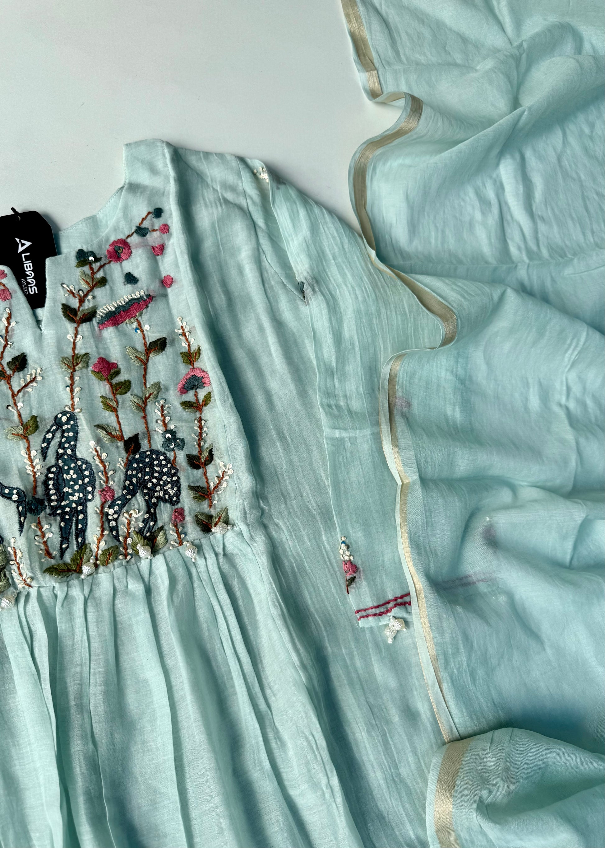“Blush” Aqua Blue Mul Chanderi Anarkali Suit Set