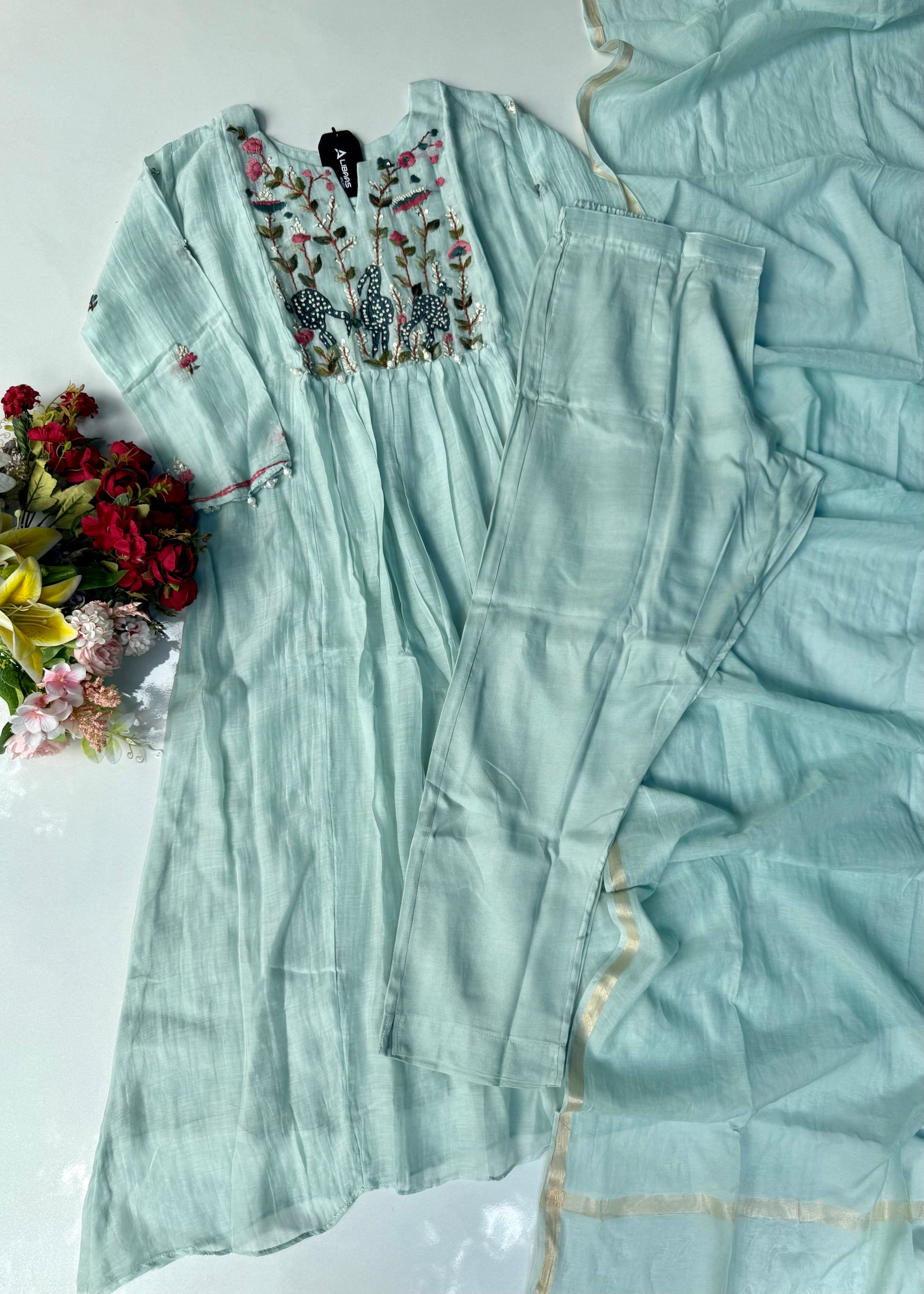 “Blush” Aqua Blue Mul Chanderi Anarkali Suit Set