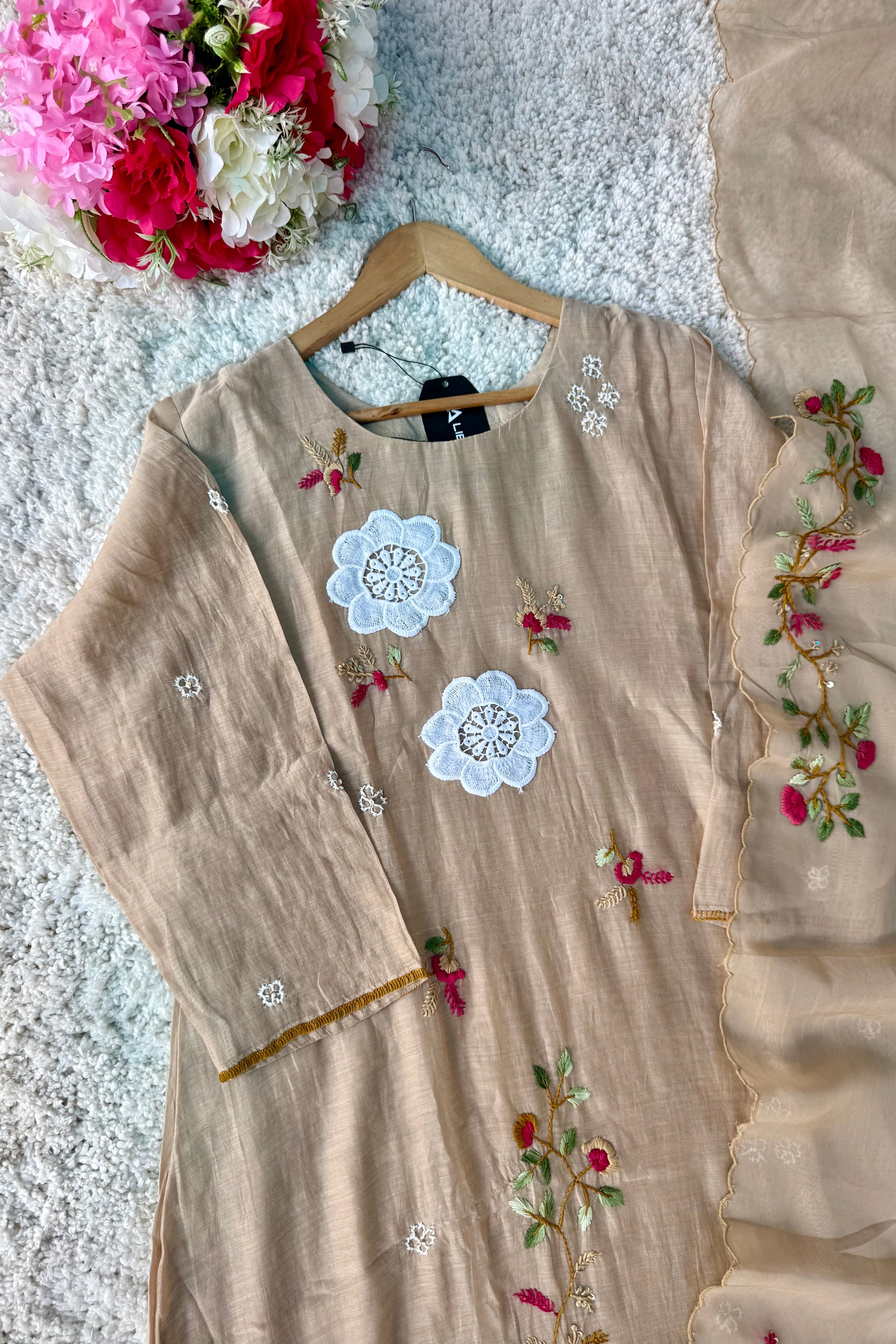 🛍️”Freya – Premium Chanderi Embroidered A Line Kurta Set