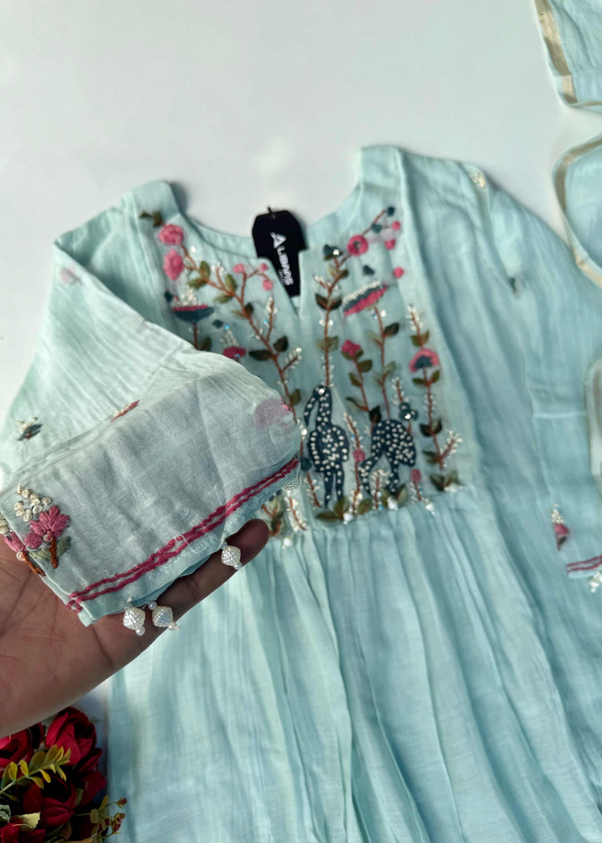 “Blush” Aqua Blue Mul Chanderi Anarkali Suit Set