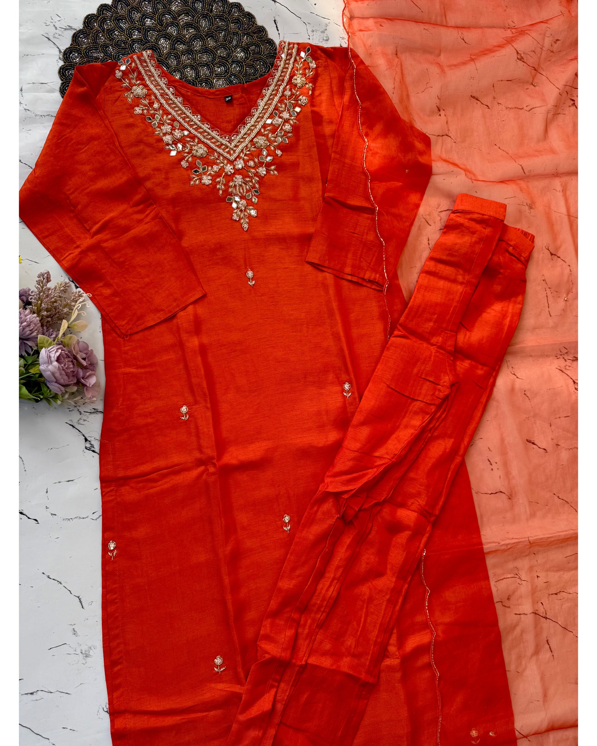 Aasma” Handcrafted mirror work dola silk kurti set 🛍️