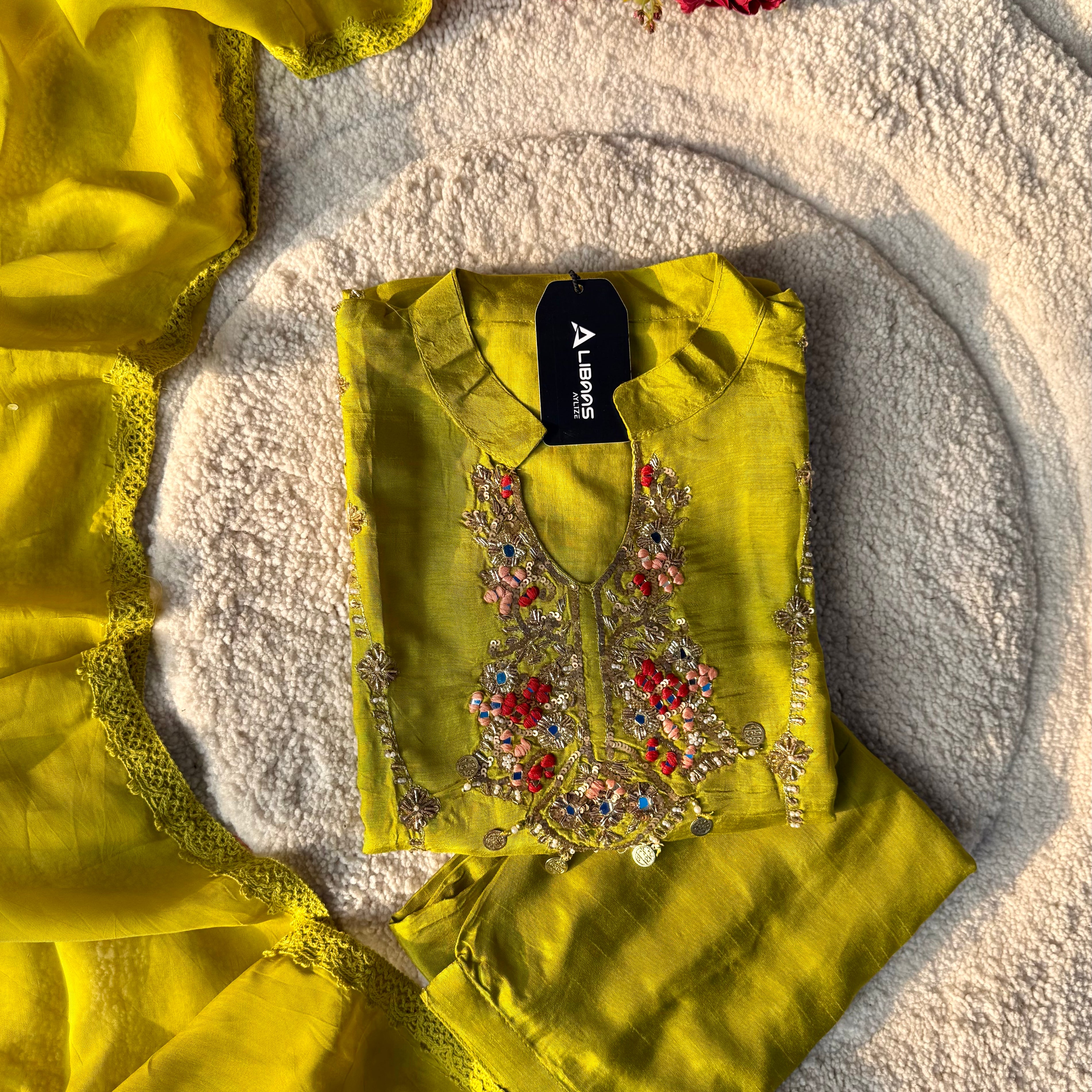 “Lime” Greenish Yellow Dola Silk Heavy Handwork Suit Set