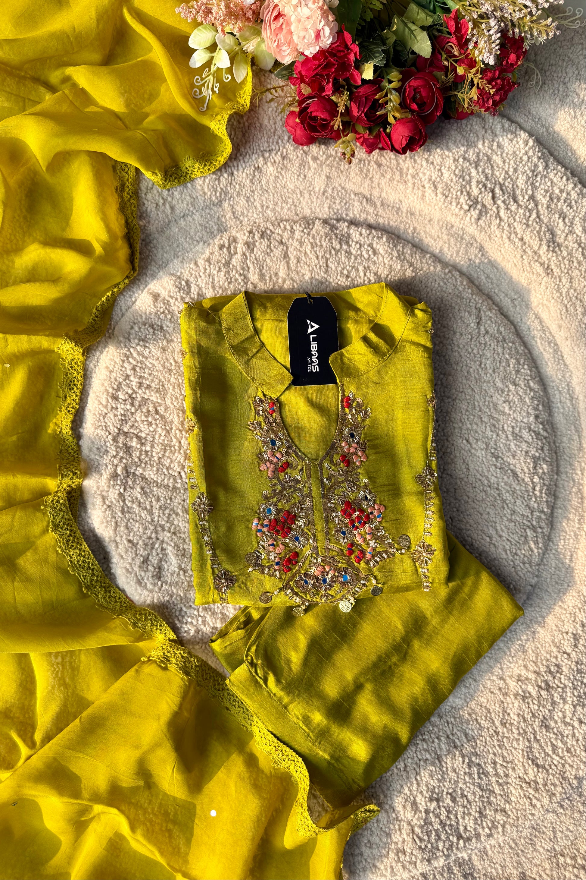 “Lime” Greenish Yellow Dola Silk Heavy Handwork Suit Set