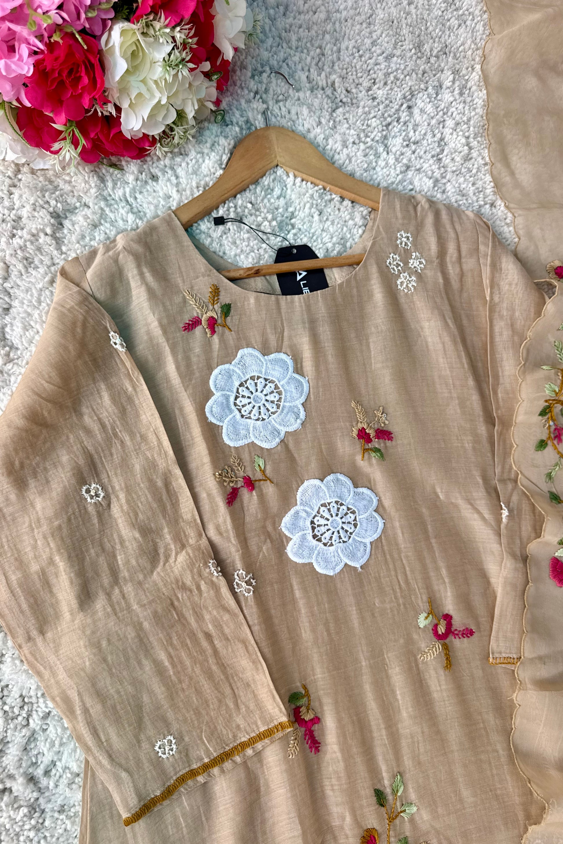 🛍️”Freya – Premium Chanderi Embroidered A Line Kurta Set