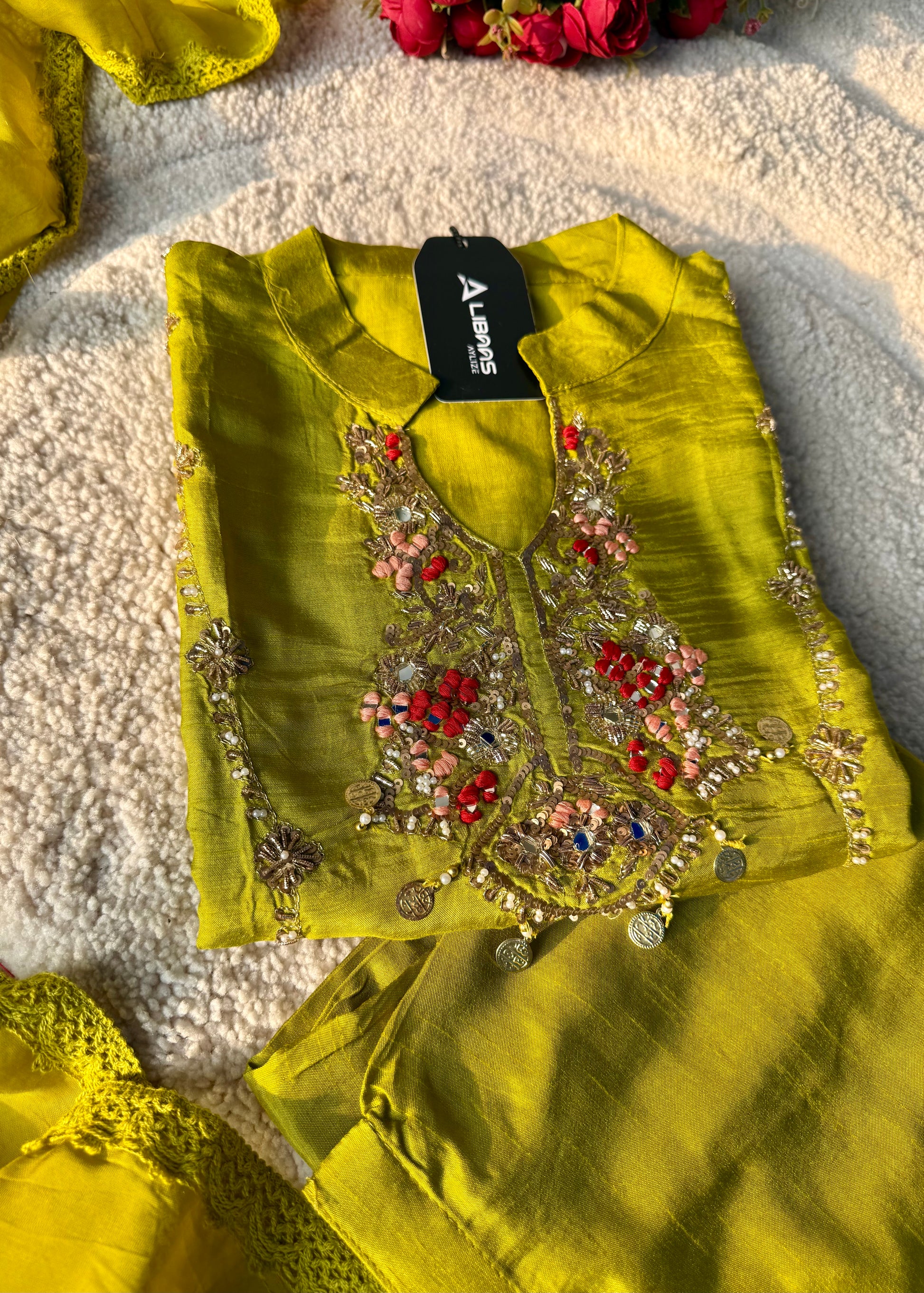 “Lime” Greenish Yellow Dola Silk Heavy Handwork Suit Set
