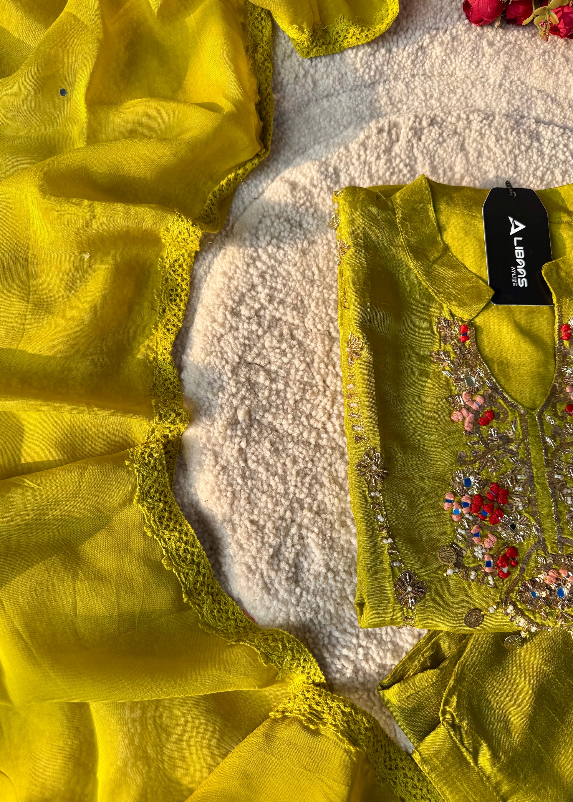 “Lime” Greenish Yellow Dola Silk Heavy Handwork Suit Set