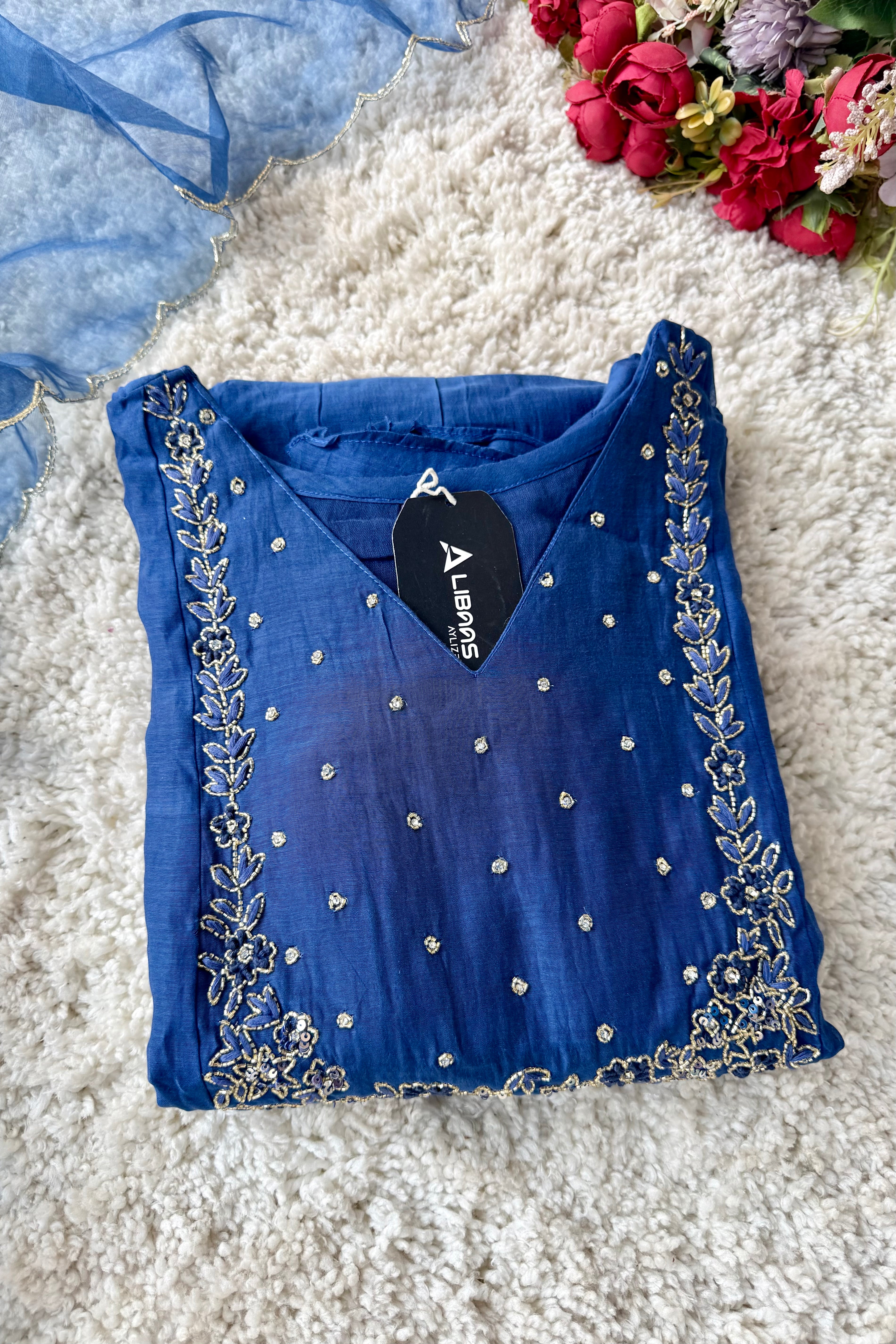 💙Ayza- Premium Blue Mul Chanderi A Line Suit set 🛍️