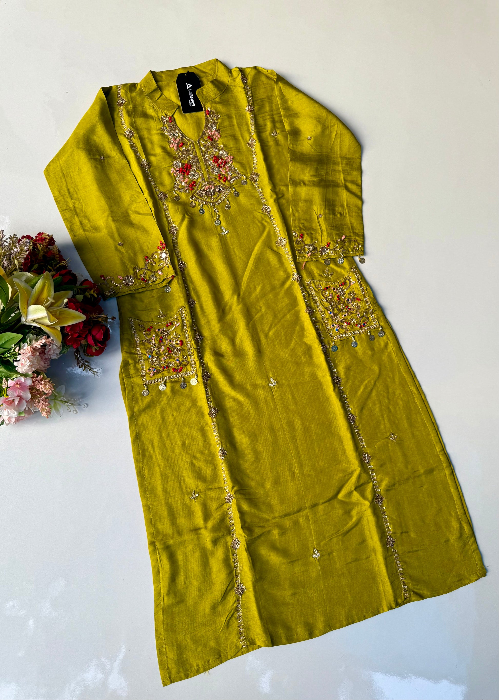 “Lime” Greenish Yellow Dola Silk Heavy Handwork Suit Set