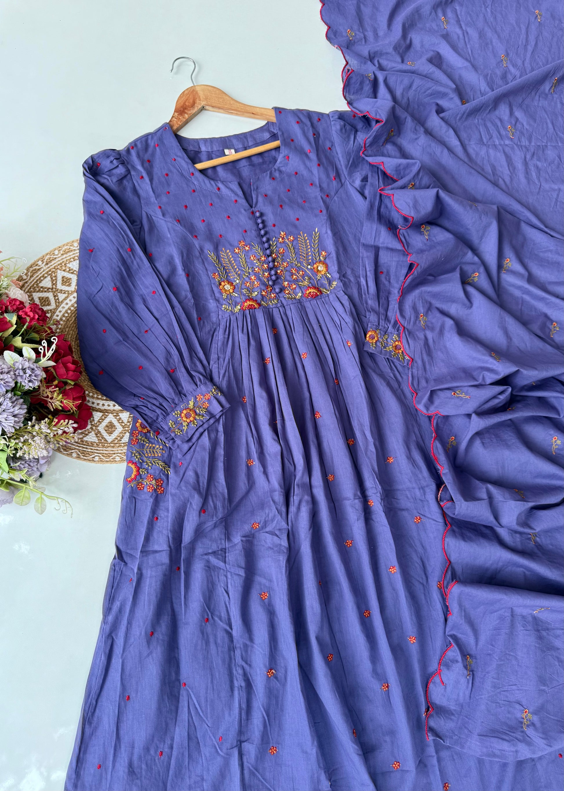 “Hera” Muted Purple Mulmul Anarkali suit set