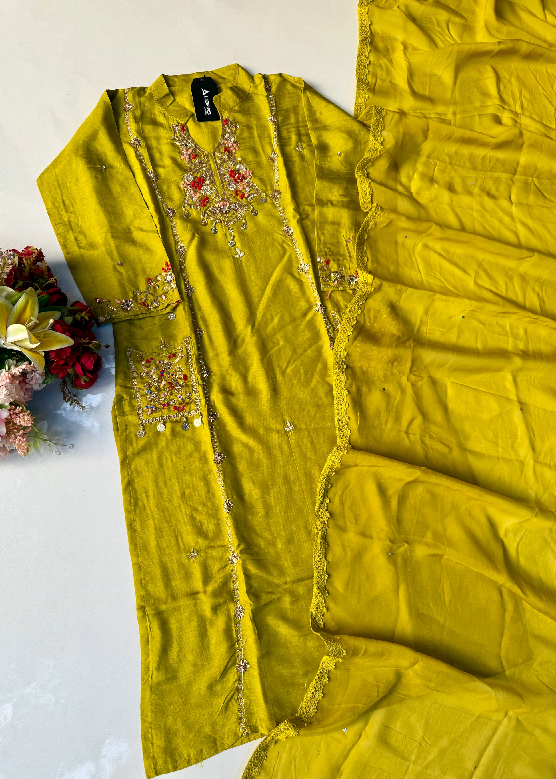 “Lime” Greenish Yellow Dola Silk Heavy Handwork Suit Set