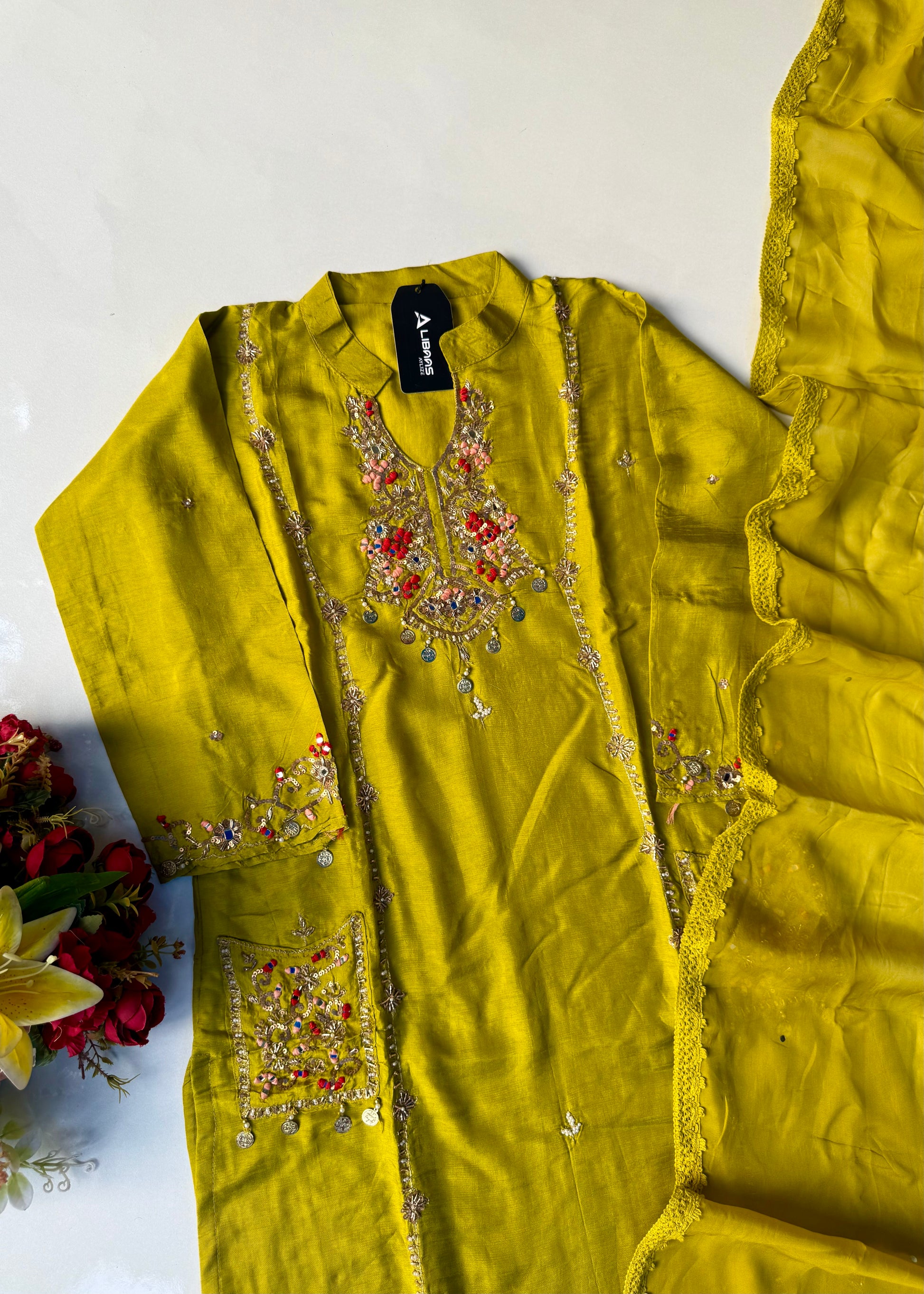 “Lime” Greenish Yellow Dola Silk Heavy Handwork Suit Set