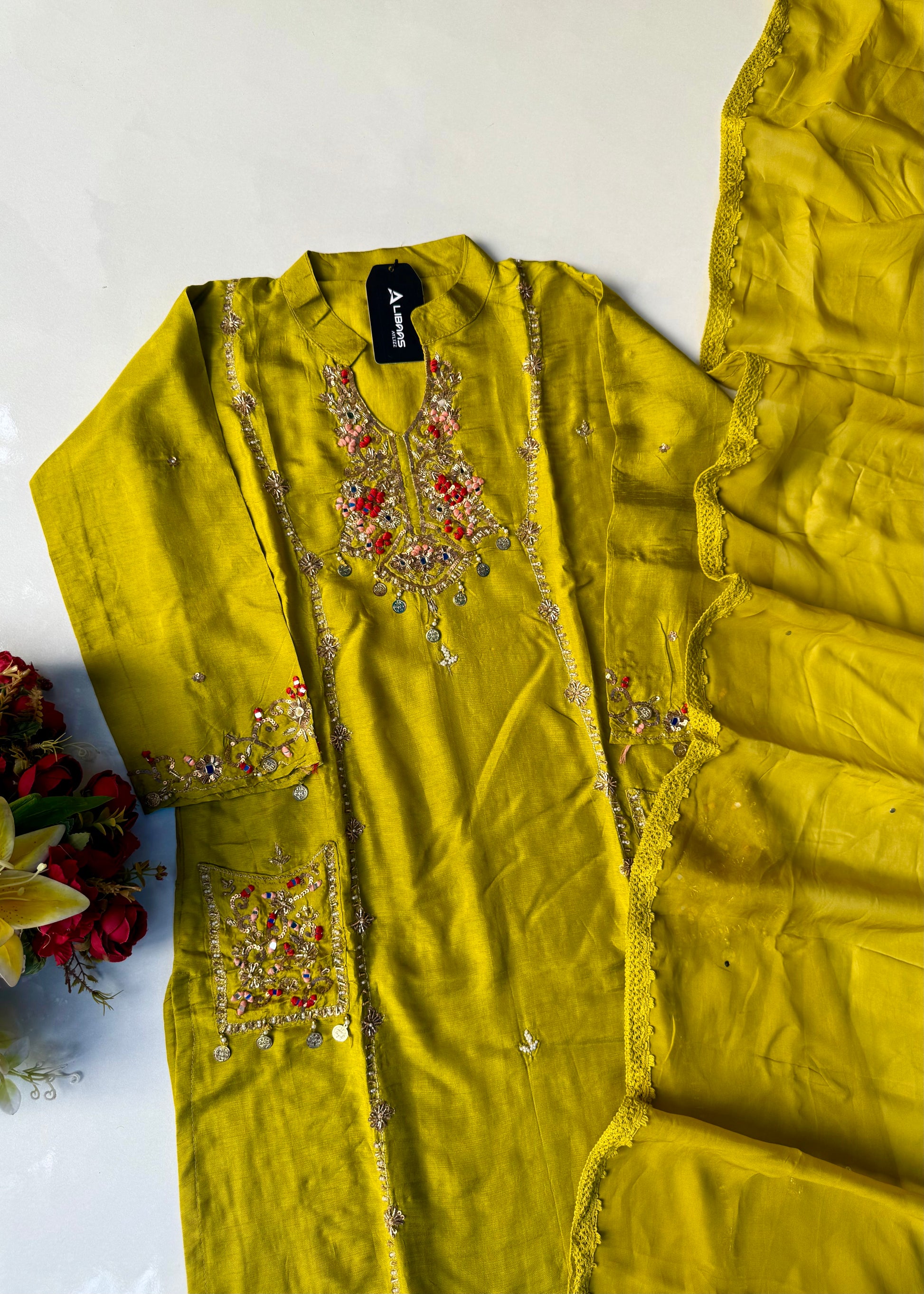 “Lime” Greenish Yellow Dola Silk Heavy Handwork Suit Set