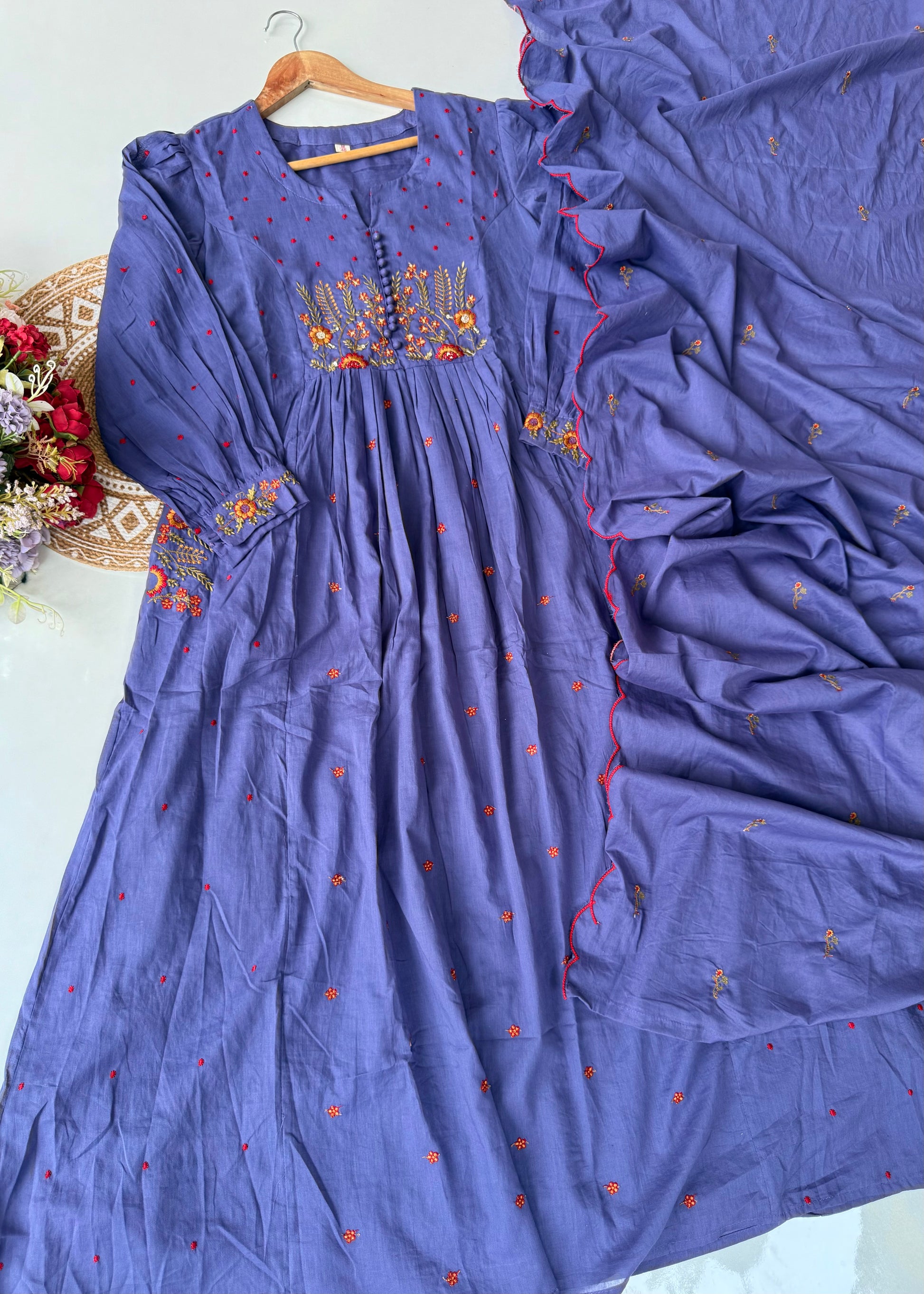 “Hera” Muted Purple Mulmul Anarkali suit set