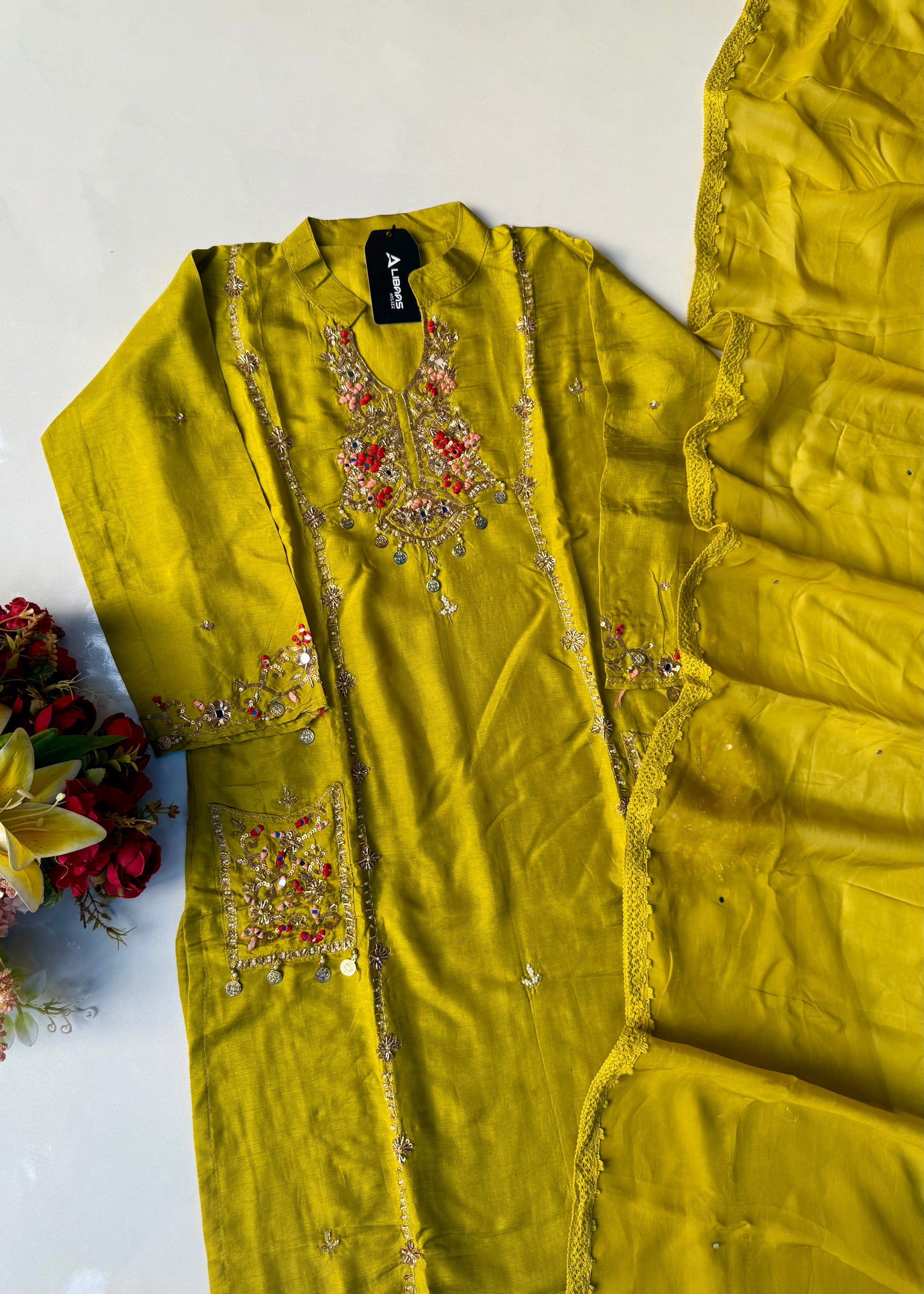 “Lime” Greenish Yellow Dola Silk Heavy Handwork Suit Set
