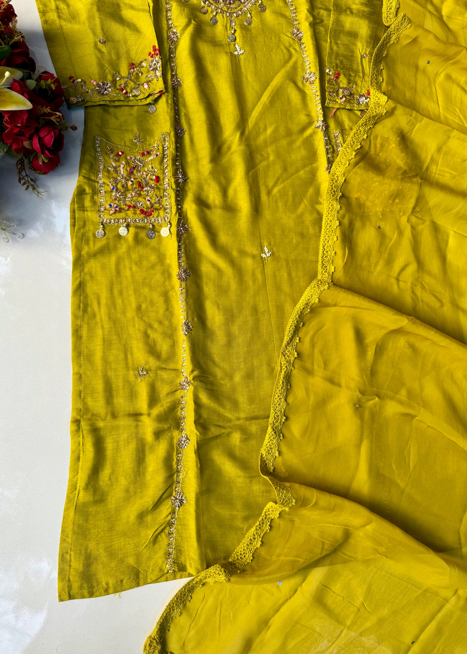 “Lime” Greenish Yellow Dola Silk Heavy Handwork Suit Set