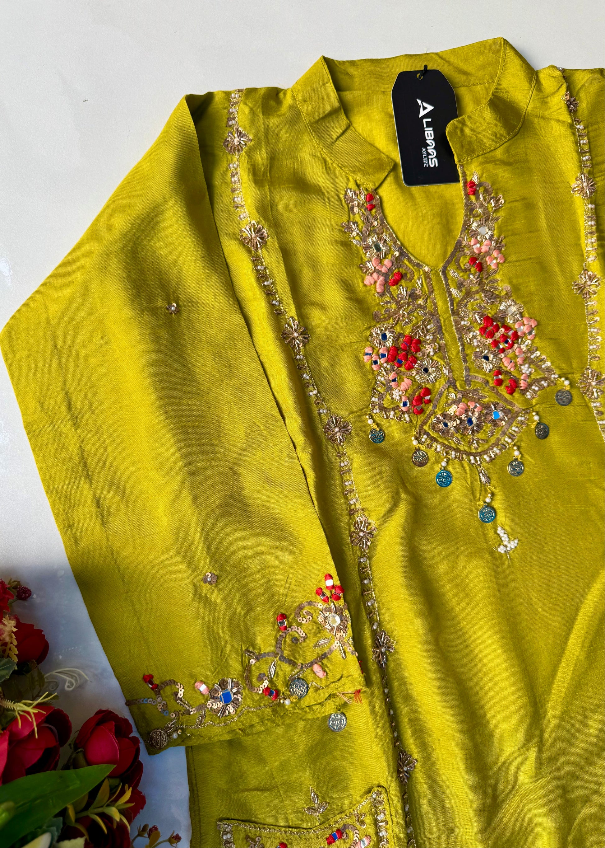 “Lime” Greenish Yellow Dola Silk Heavy Handwork Suit Set