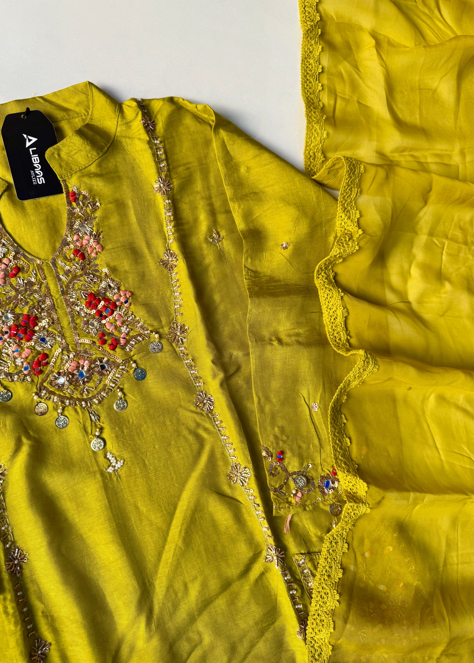 “Lime” Greenish Yellow Dola Silk Heavy Handwork Suit Set