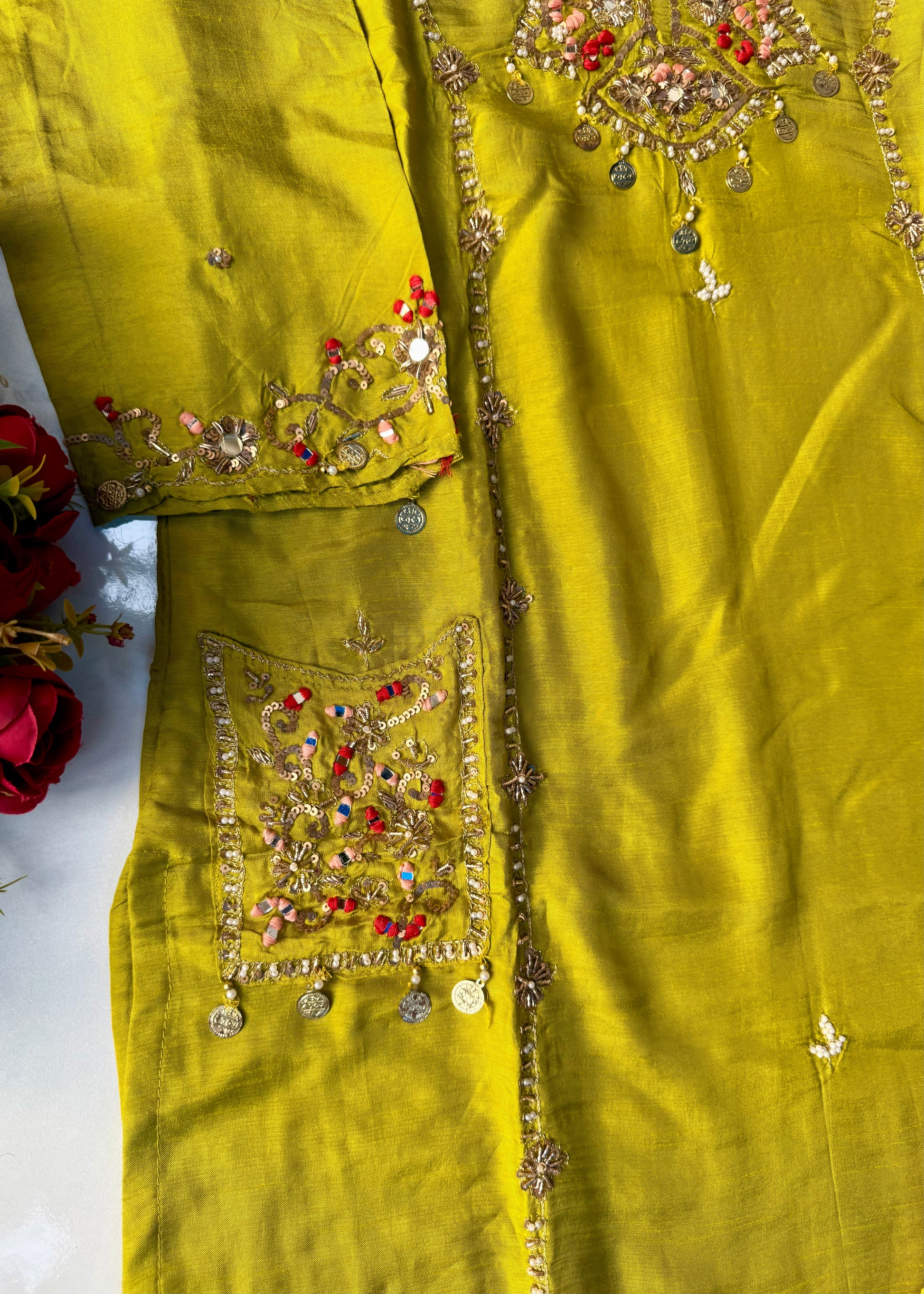 “Lime” Greenish Yellow Dola Silk Heavy Handwork Suit Set