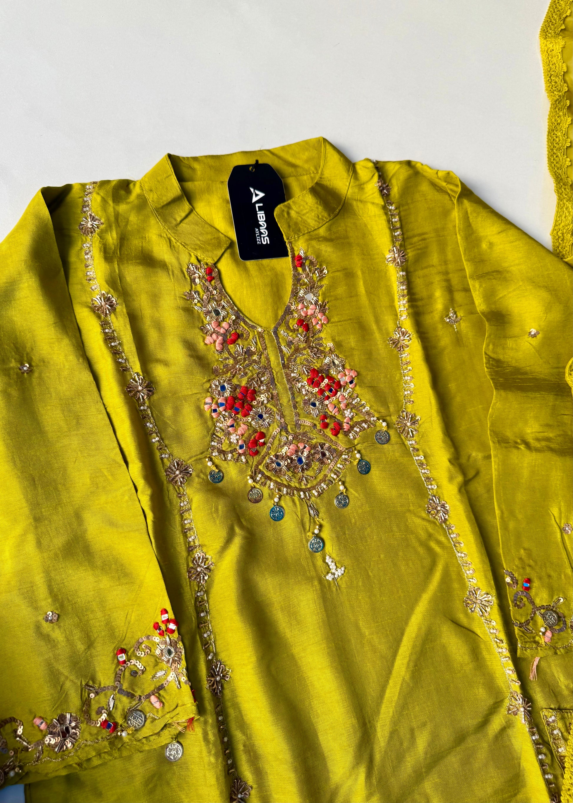 “Lime” Greenish Yellow Dola Silk Heavy Handwork Suit Set