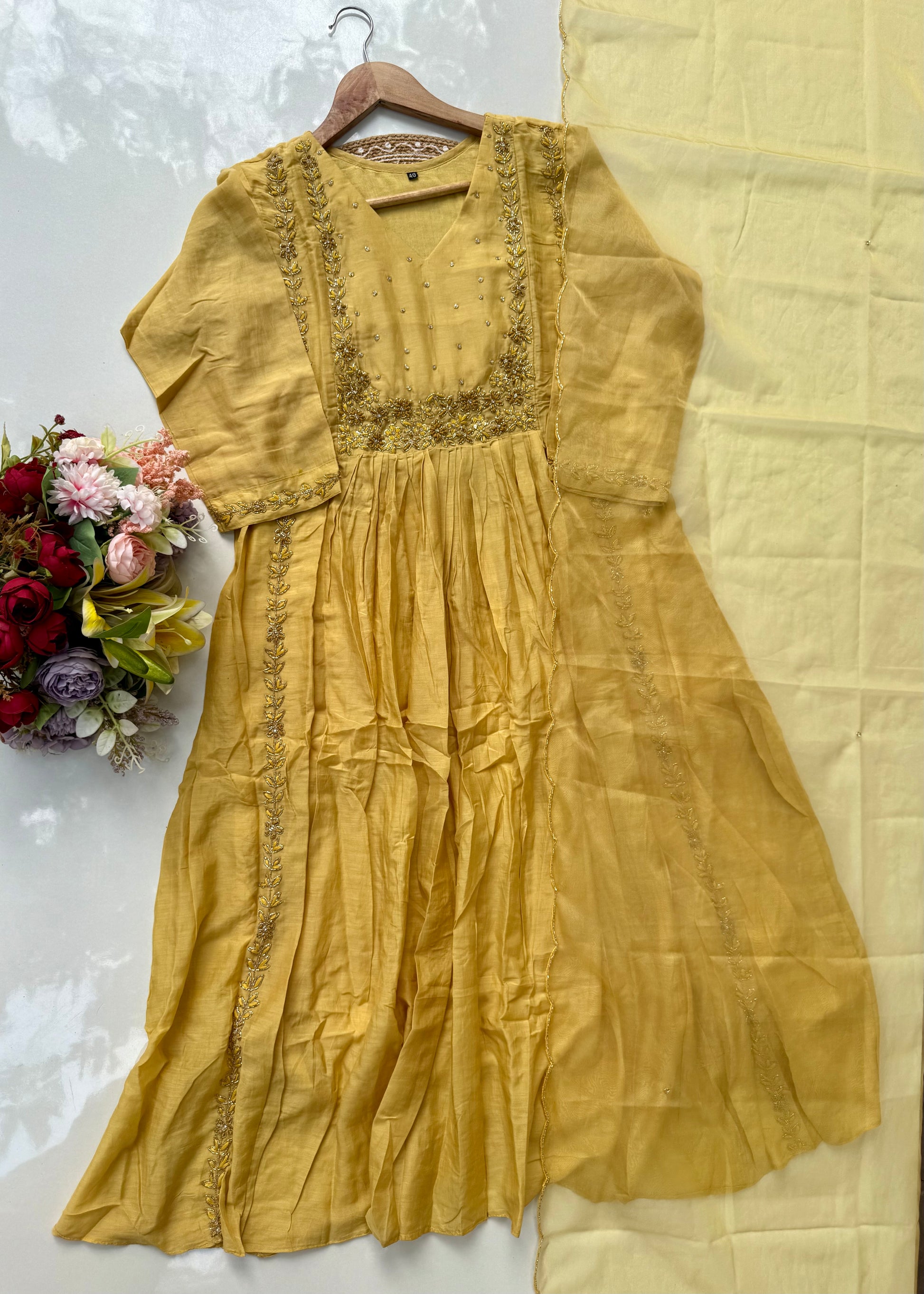 “Ayza” Golden yellow premium Mul Chanderi Anarkali  kurta set 🛍️