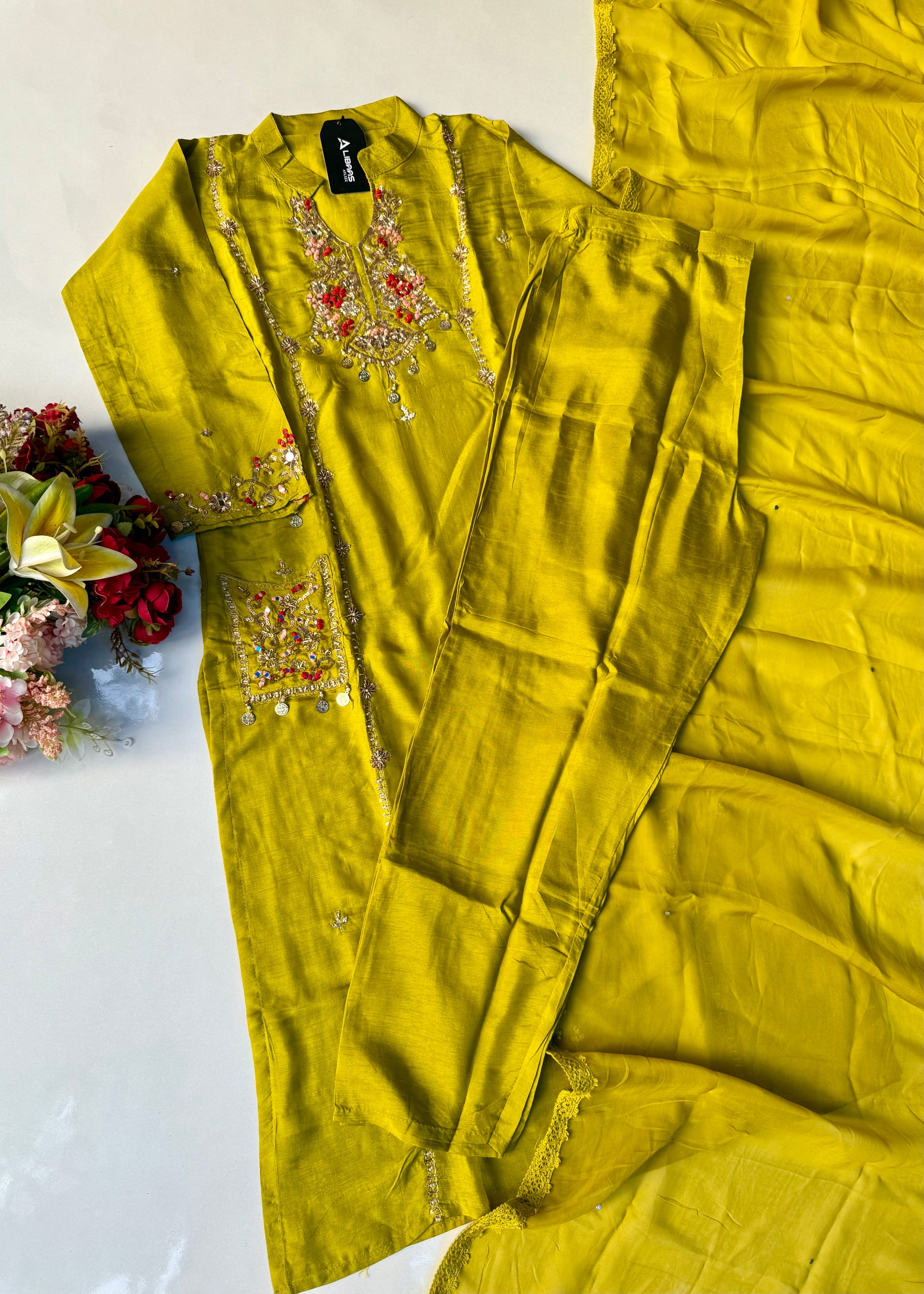 “Lime” Greenish Yellow Dola Silk Heavy Handwork Suit Set