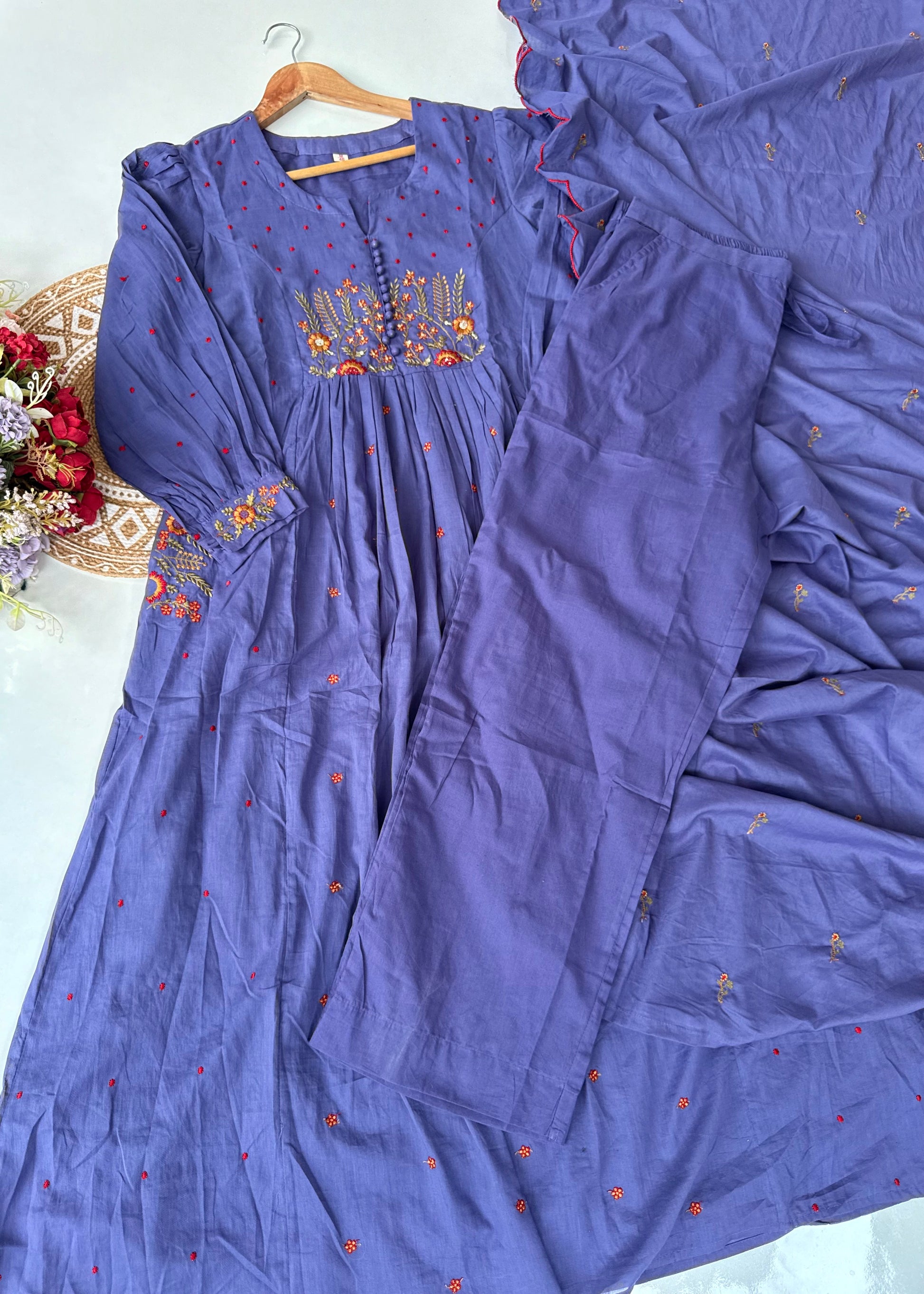 “Hera” Muted Purple Mulmul Anarkali suit set