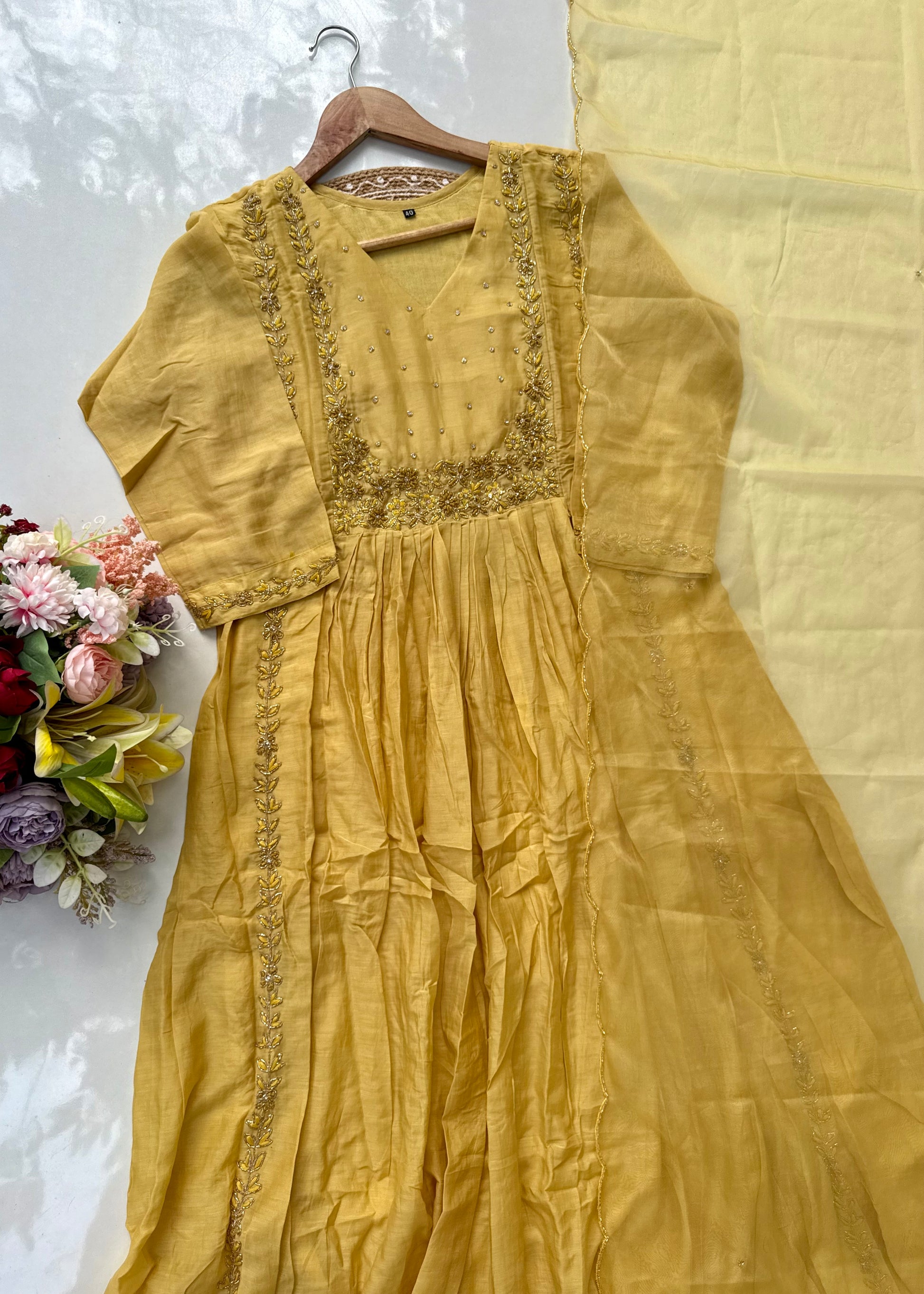 “Ayza” Golden yellow premium Mul Chanderi Anarkali  kurta set 🛍️