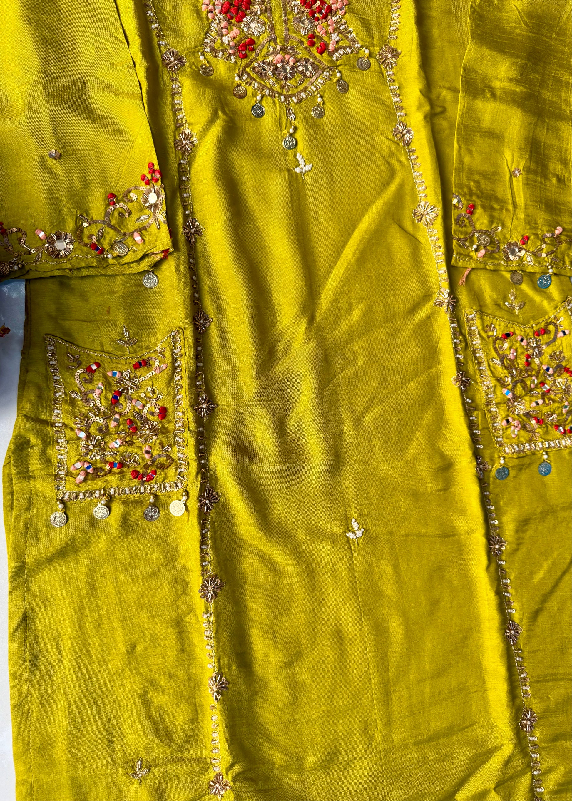 “Lime” Greenish Yellow Dola Silk Heavy Handwork Suit Set
