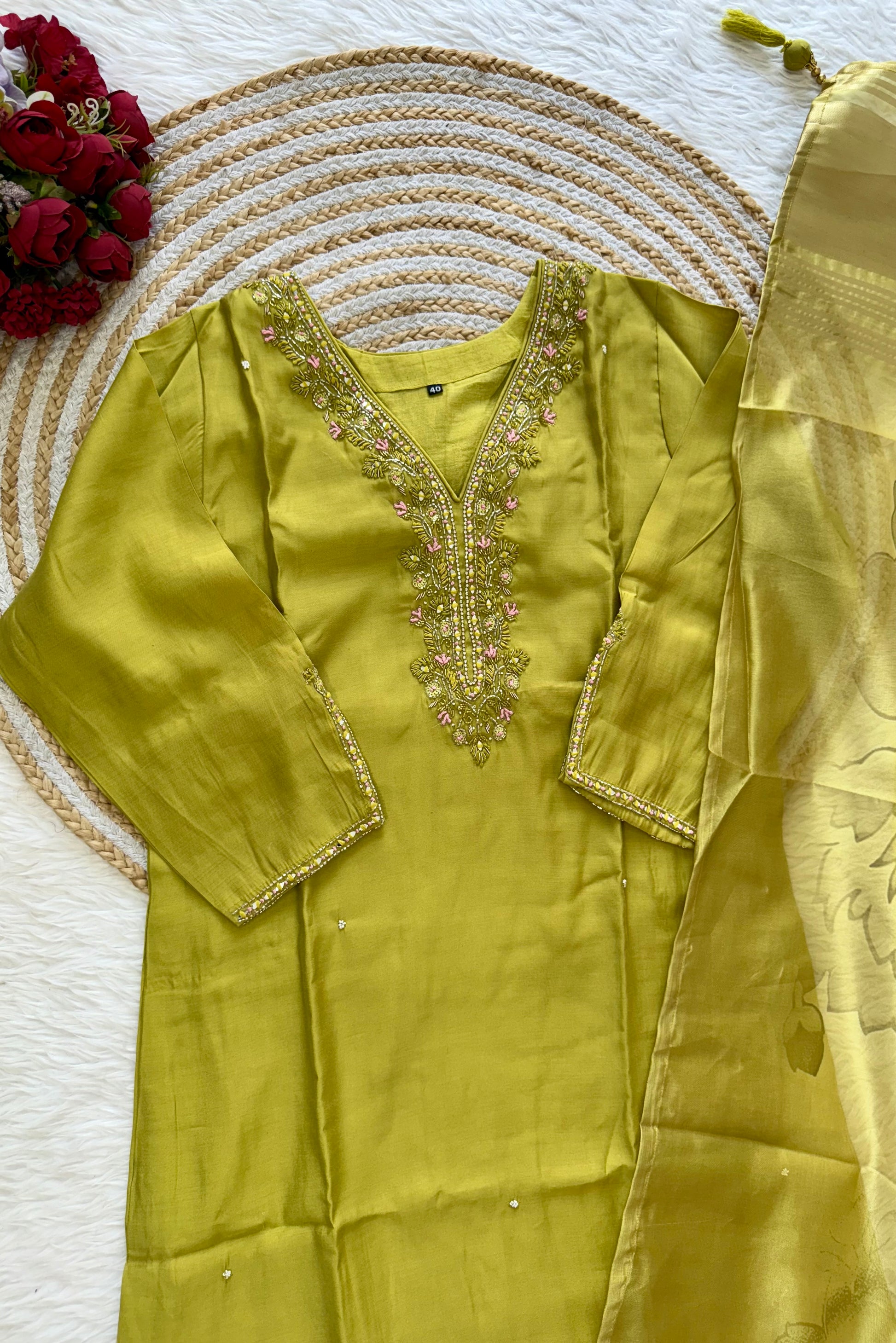 “UMA” Premium roman silk handcrafted kurti set