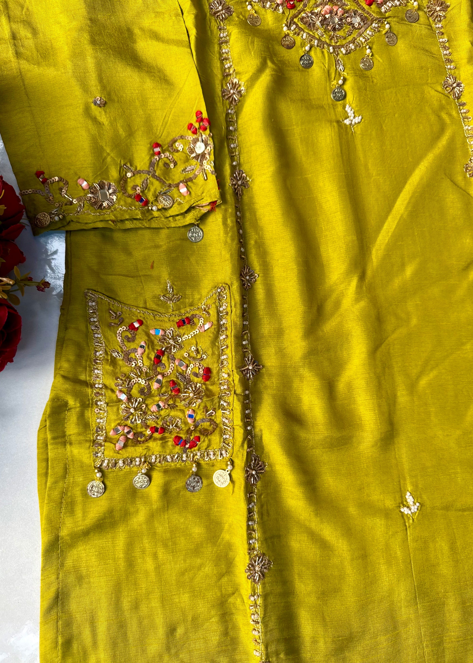 “Lime” Greenish Yellow Dola Silk Heavy Handwork Suit Set