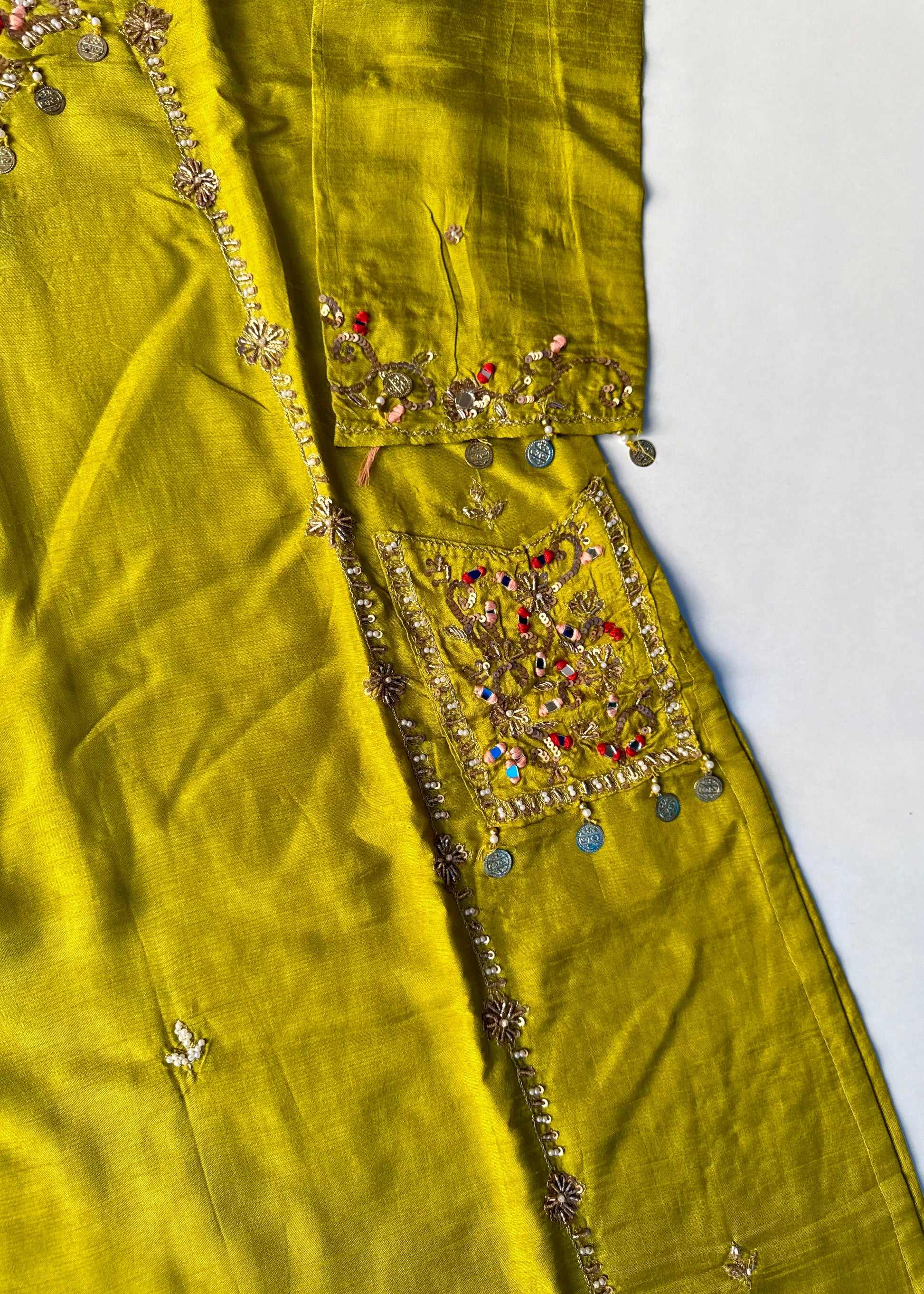 “Lime” Greenish Yellow Dola Silk Heavy Handwork Suit Set