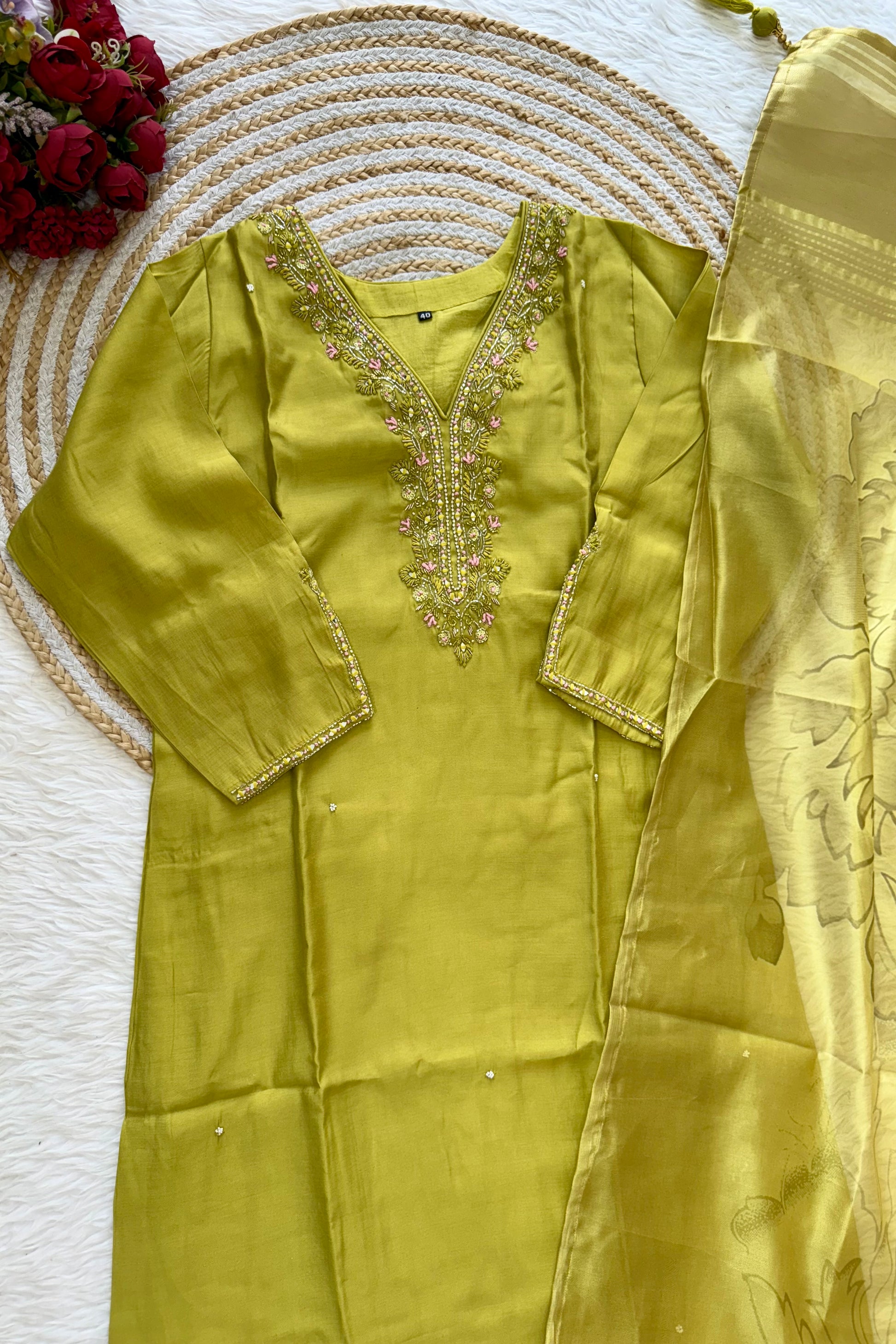 “UMA” Premium roman silk handcrafted kurti set