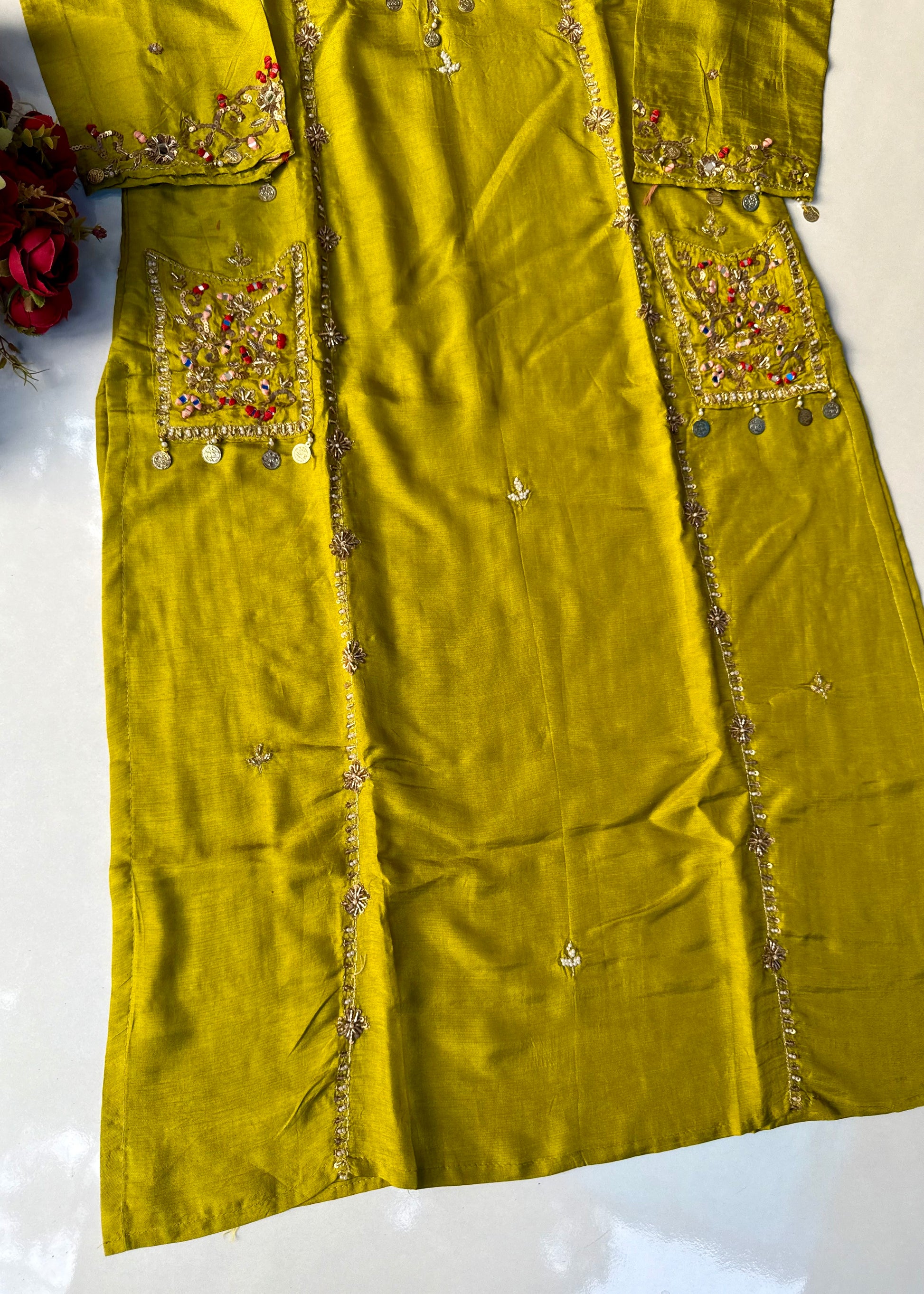 “Lime” Greenish Yellow Dola Silk Heavy Handwork Suit Set