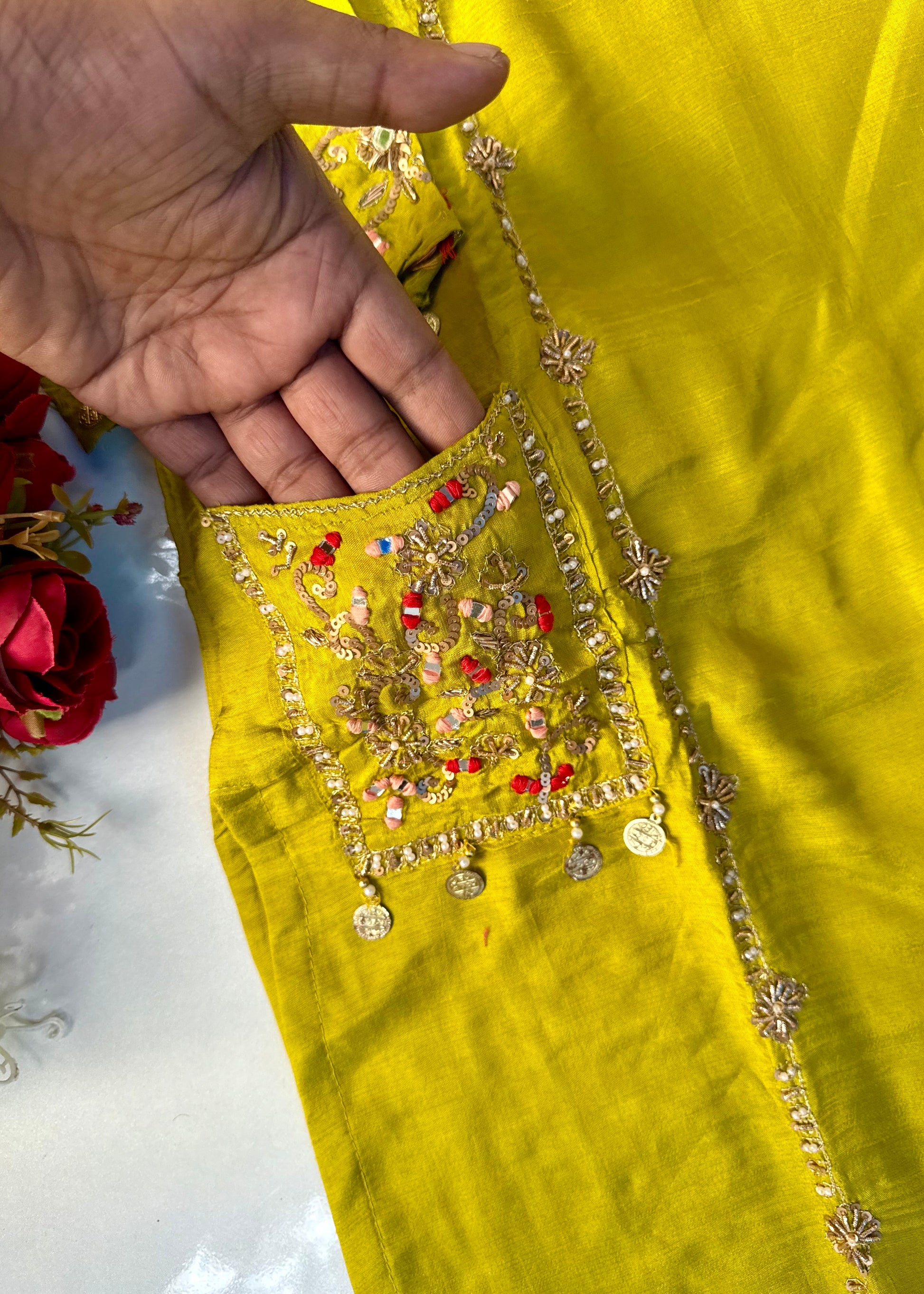 “Lime” Greenish Yellow Dola Silk Heavy Handwork Suit Set