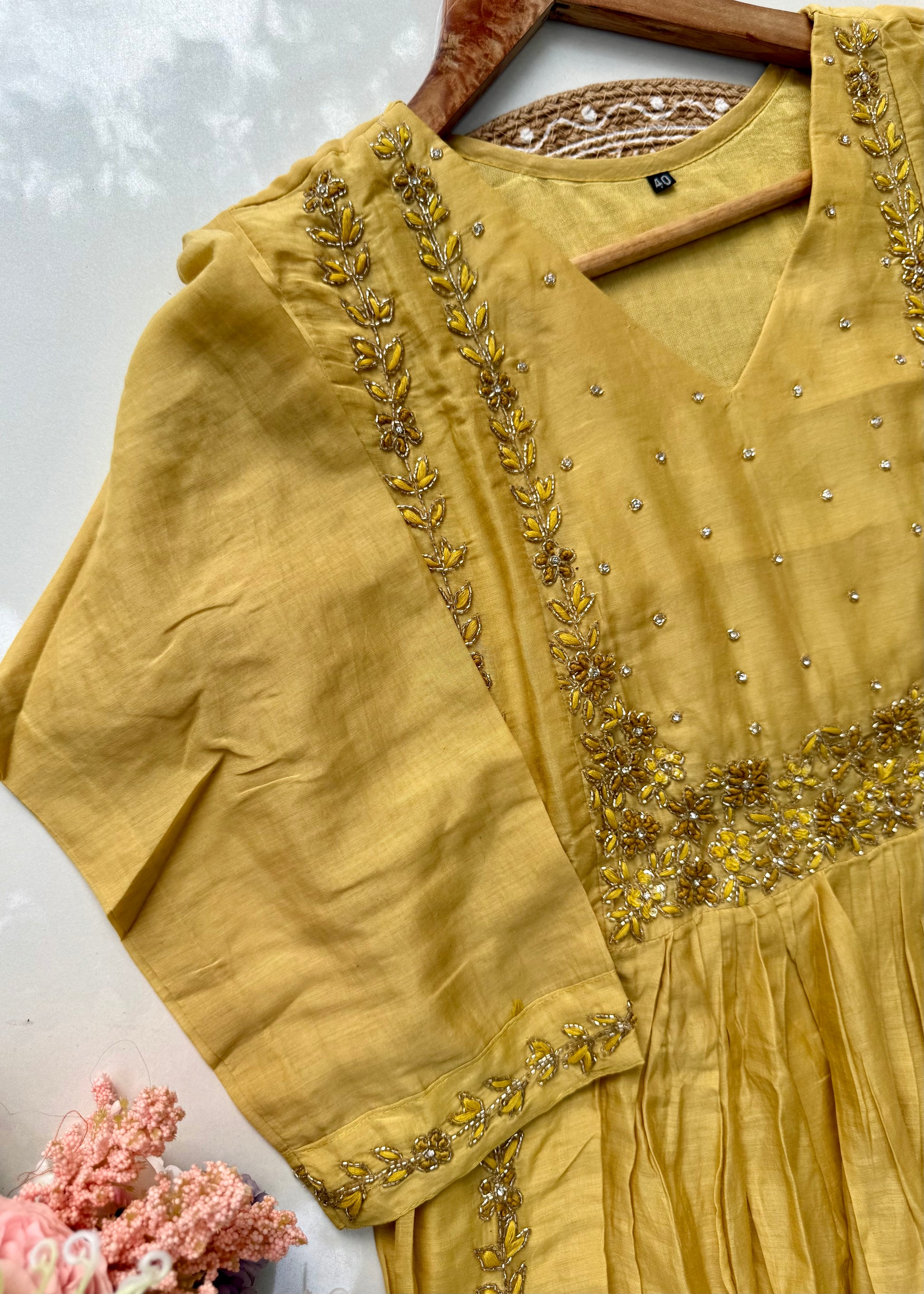 “Ayza” Golden yellow premium Mul Chanderi Anarkali  kurta set 🛍️
