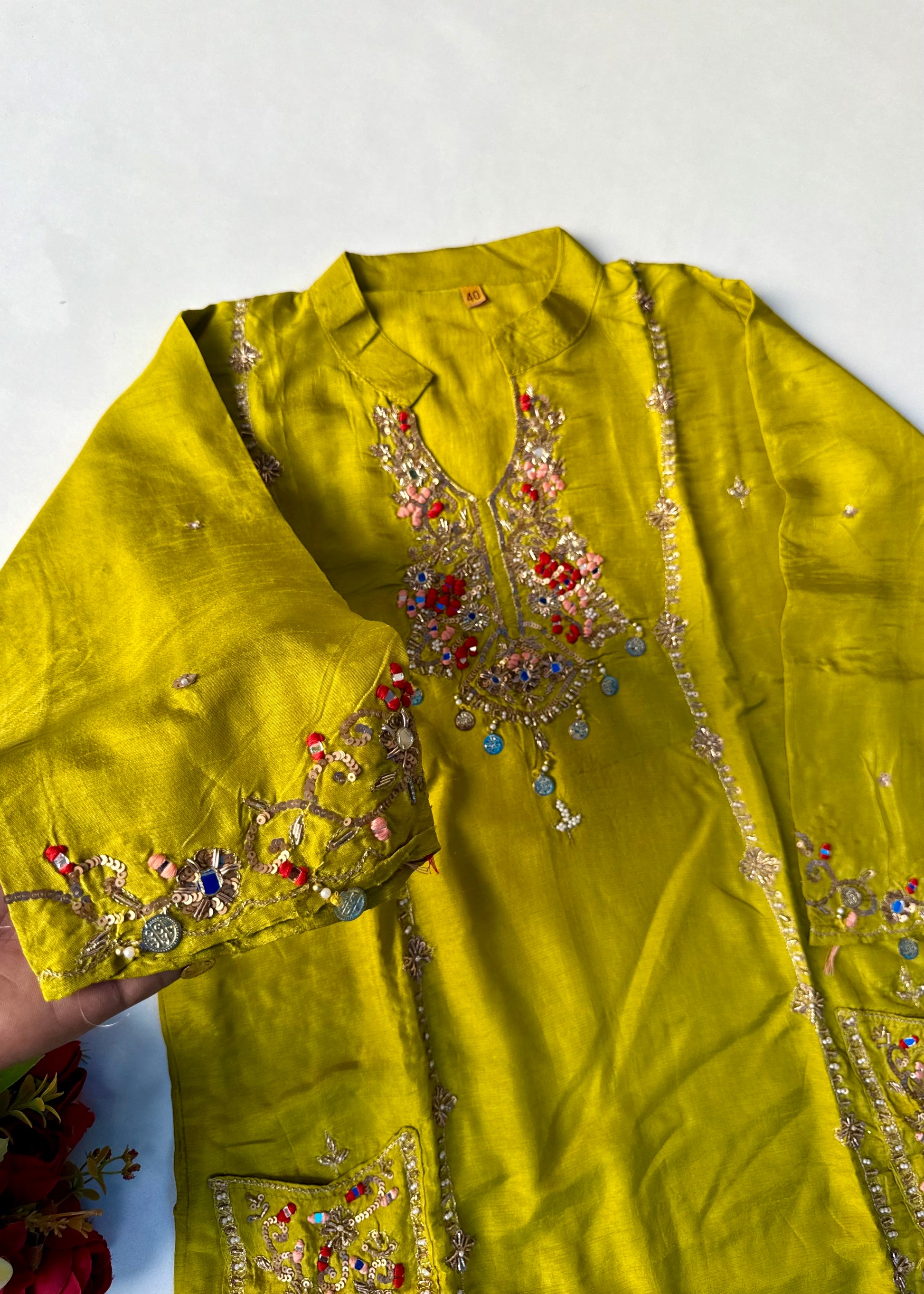 “Lime” Greenish Yellow Dola Silk Heavy Handwork Suit Set