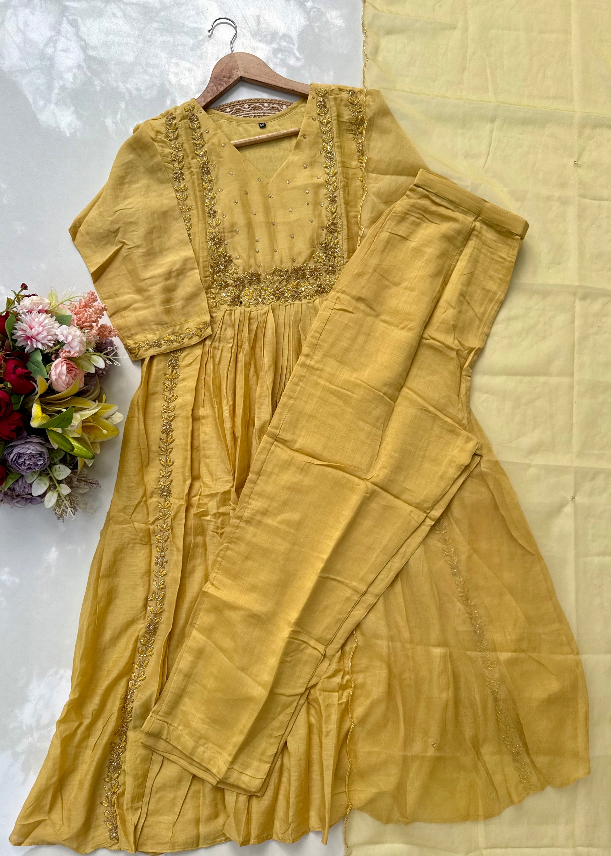 “Ayza” Golden yellow premium Mul Chanderi Anarkali  kurta set 🛍️
