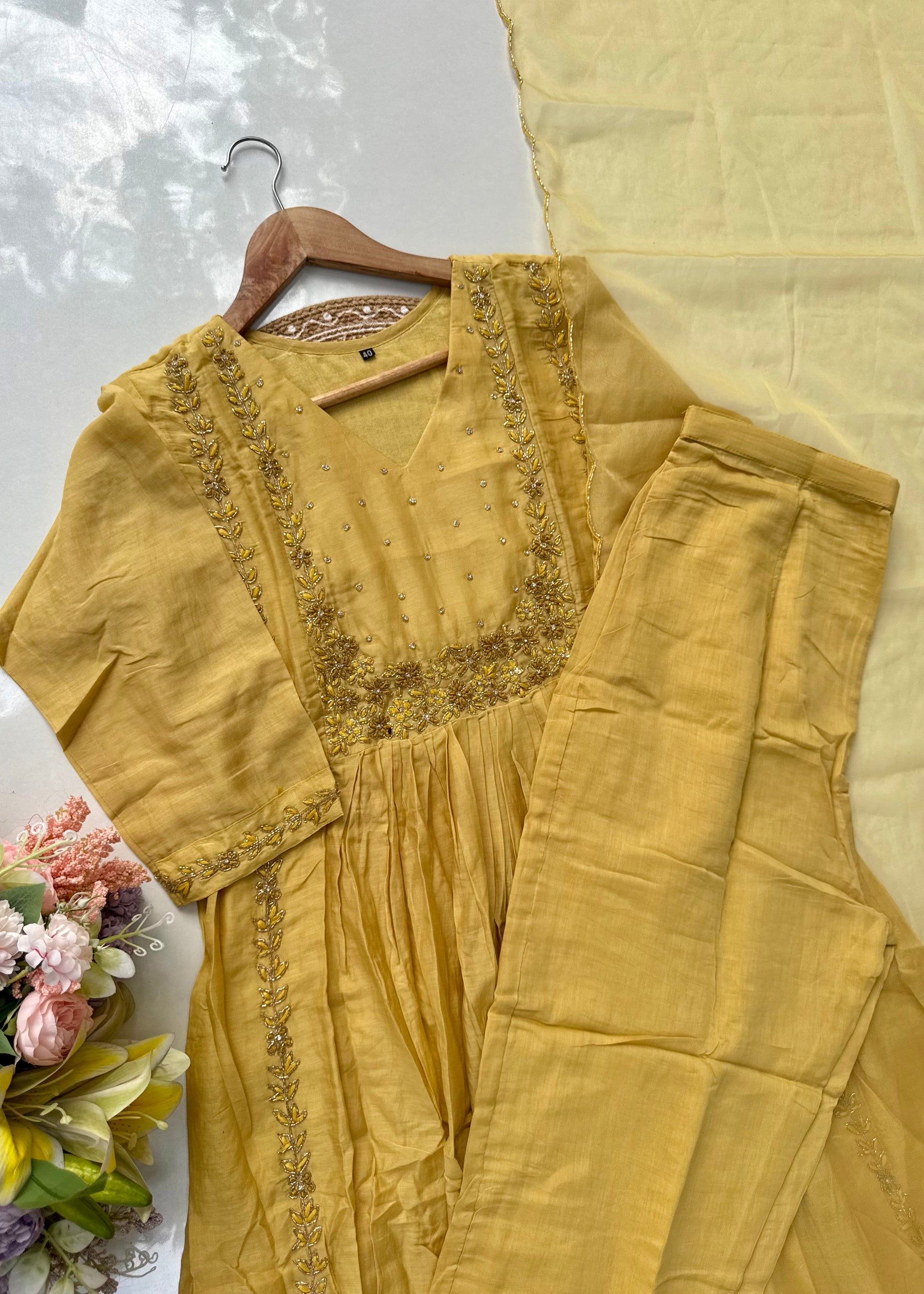 “Ayza” Golden yellow premium Mul Chanderi Anarkali  kurta set 🛍️