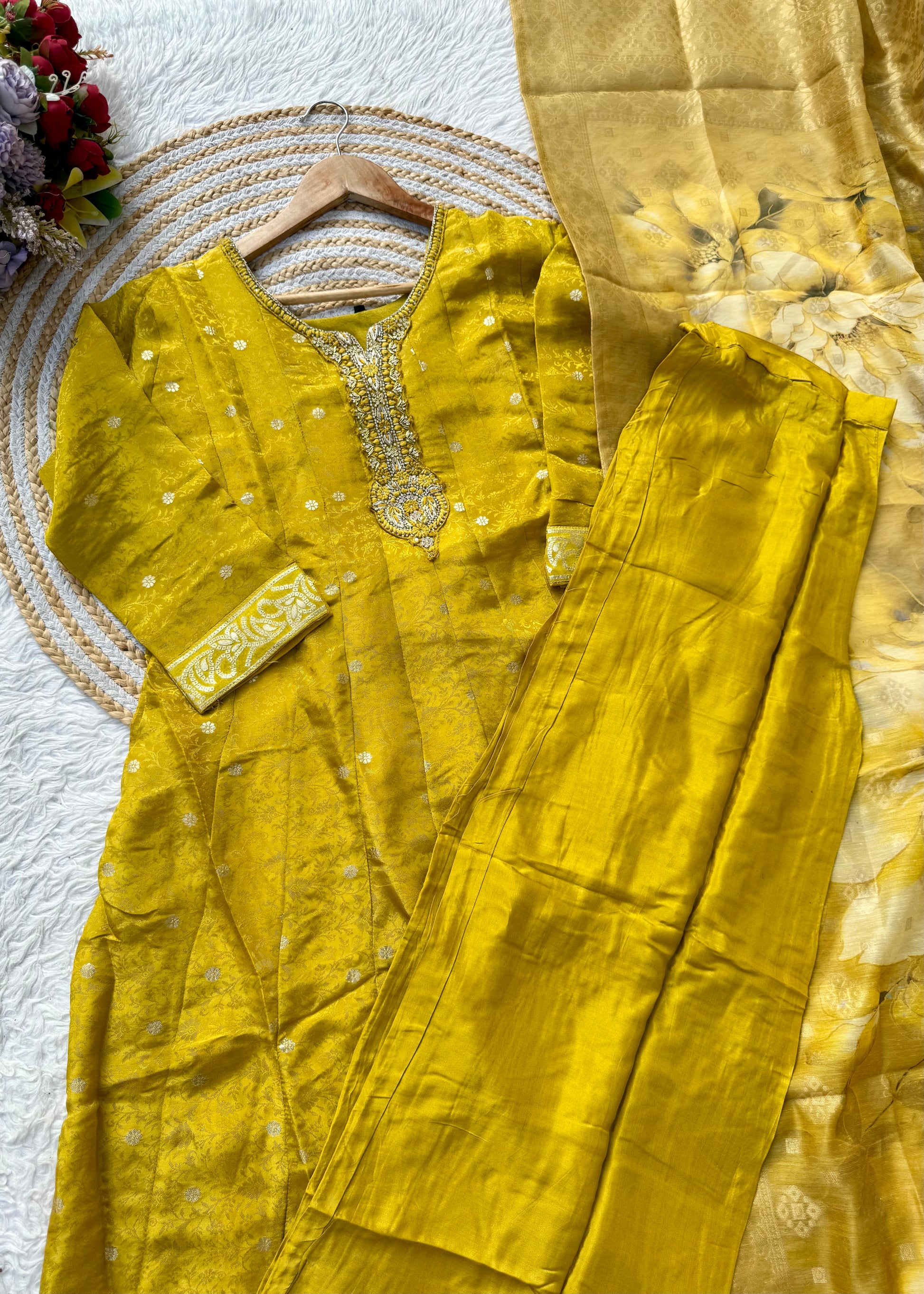 “AMBER” Festive wear handcrafted tissue silk anarkali set