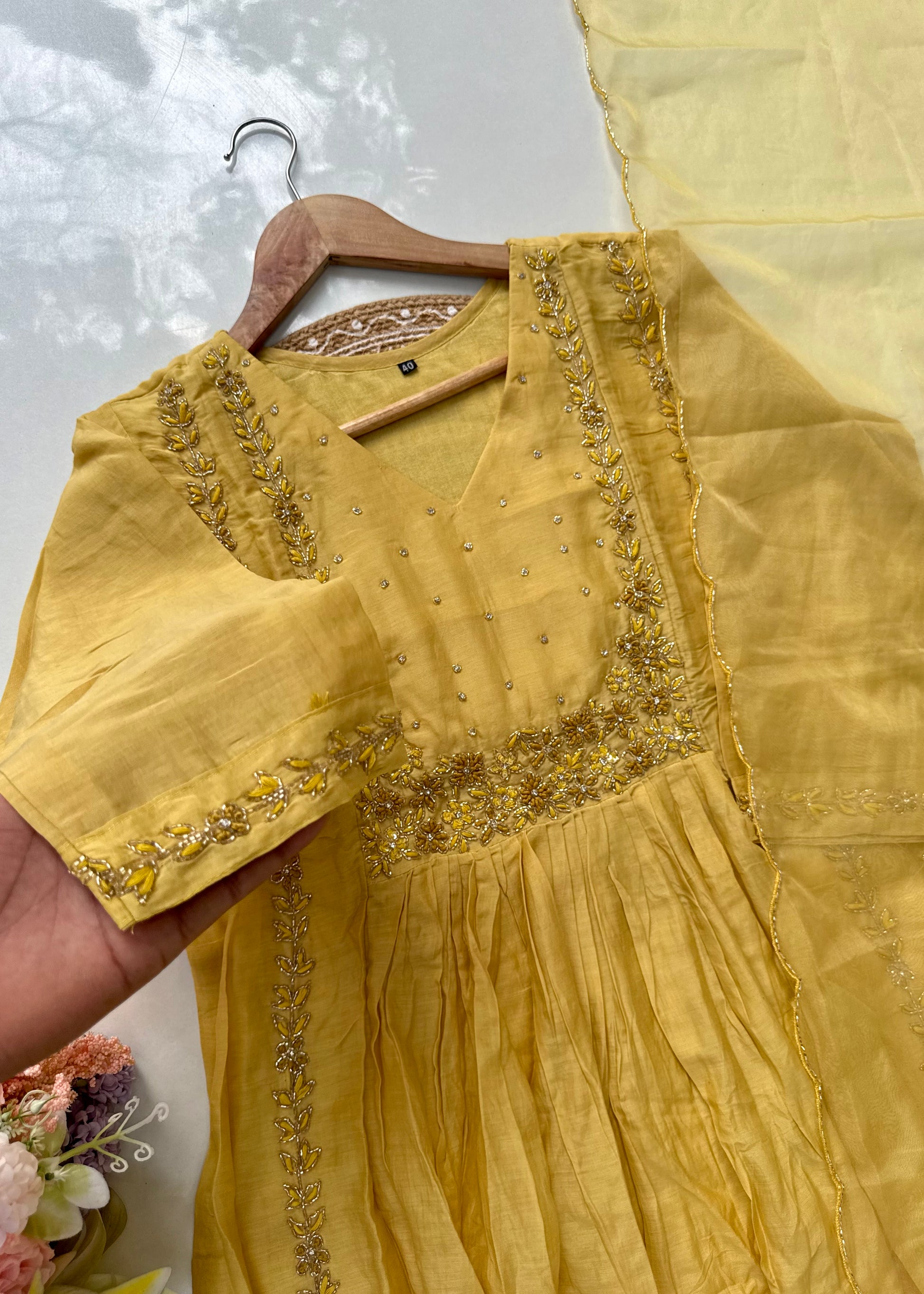 “Ayza” Golden yellow premium Mul Chanderi Anarkali  kurta set 🛍️