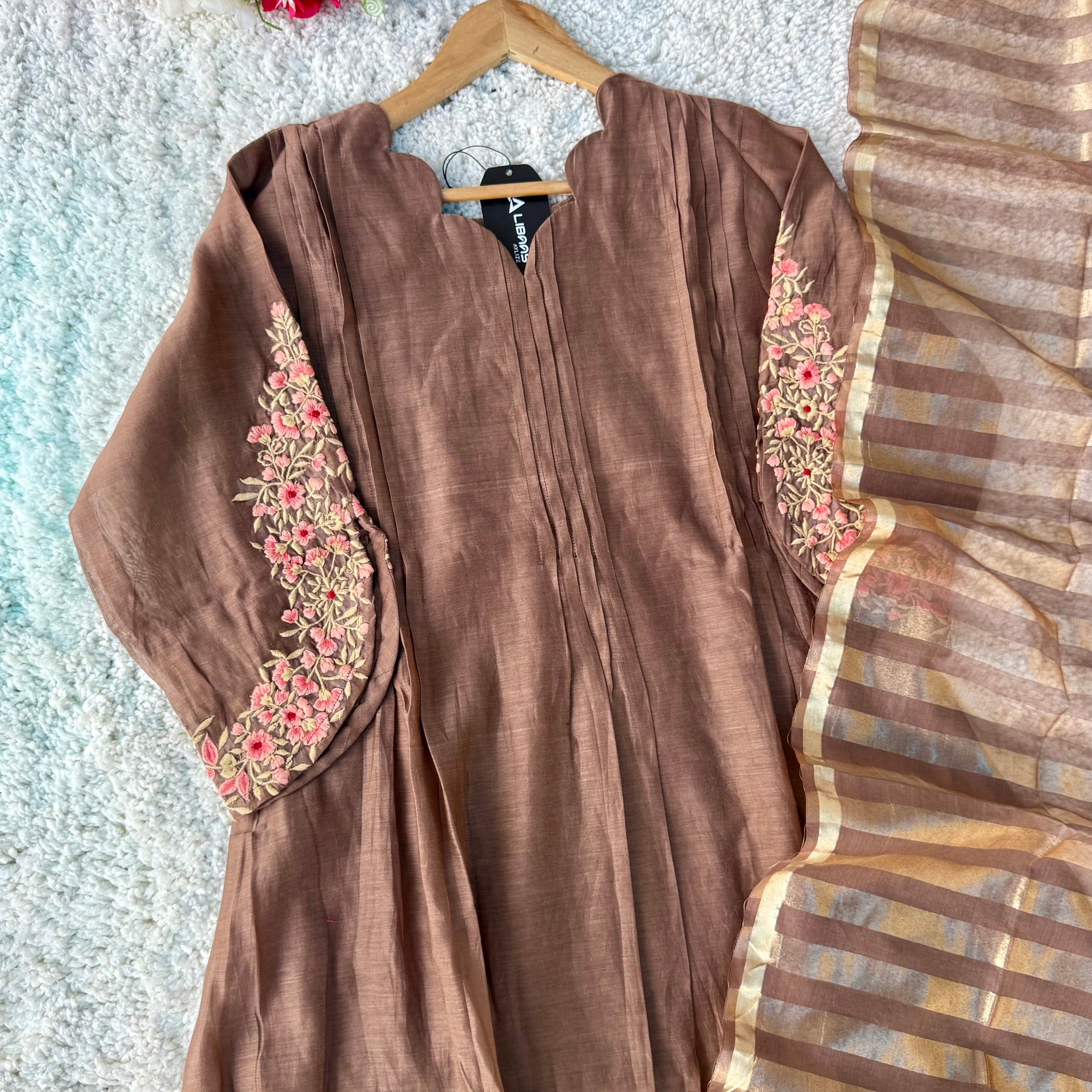 🛍️”Az021 – Premium Coffe Brown Mul Chanderi A Line Kurta Set