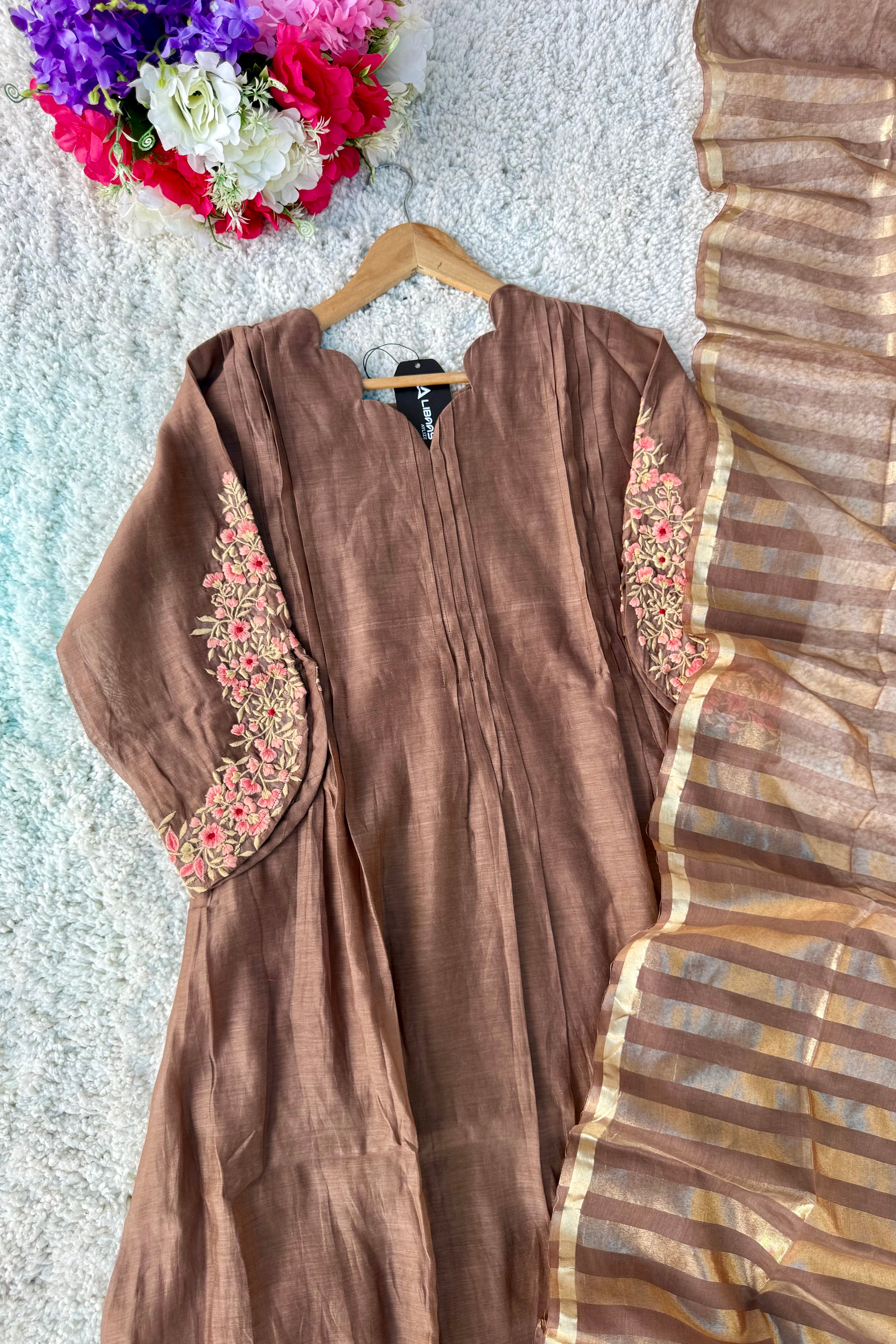 🛍️”Az021 – Premium Coffe Brown Mul Chanderi A Line Kurta Set
