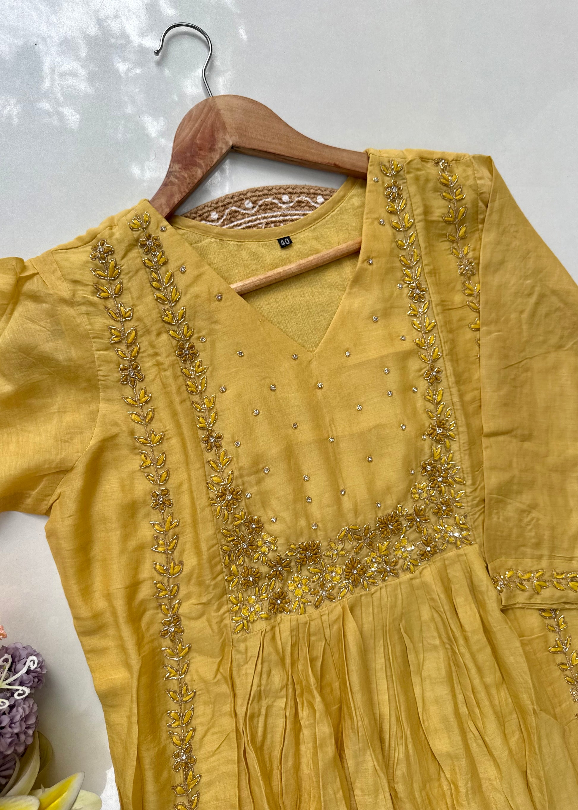 “Ayza” Golden yellow premium Mul Chanderi Anarkali  kurta set 🛍️