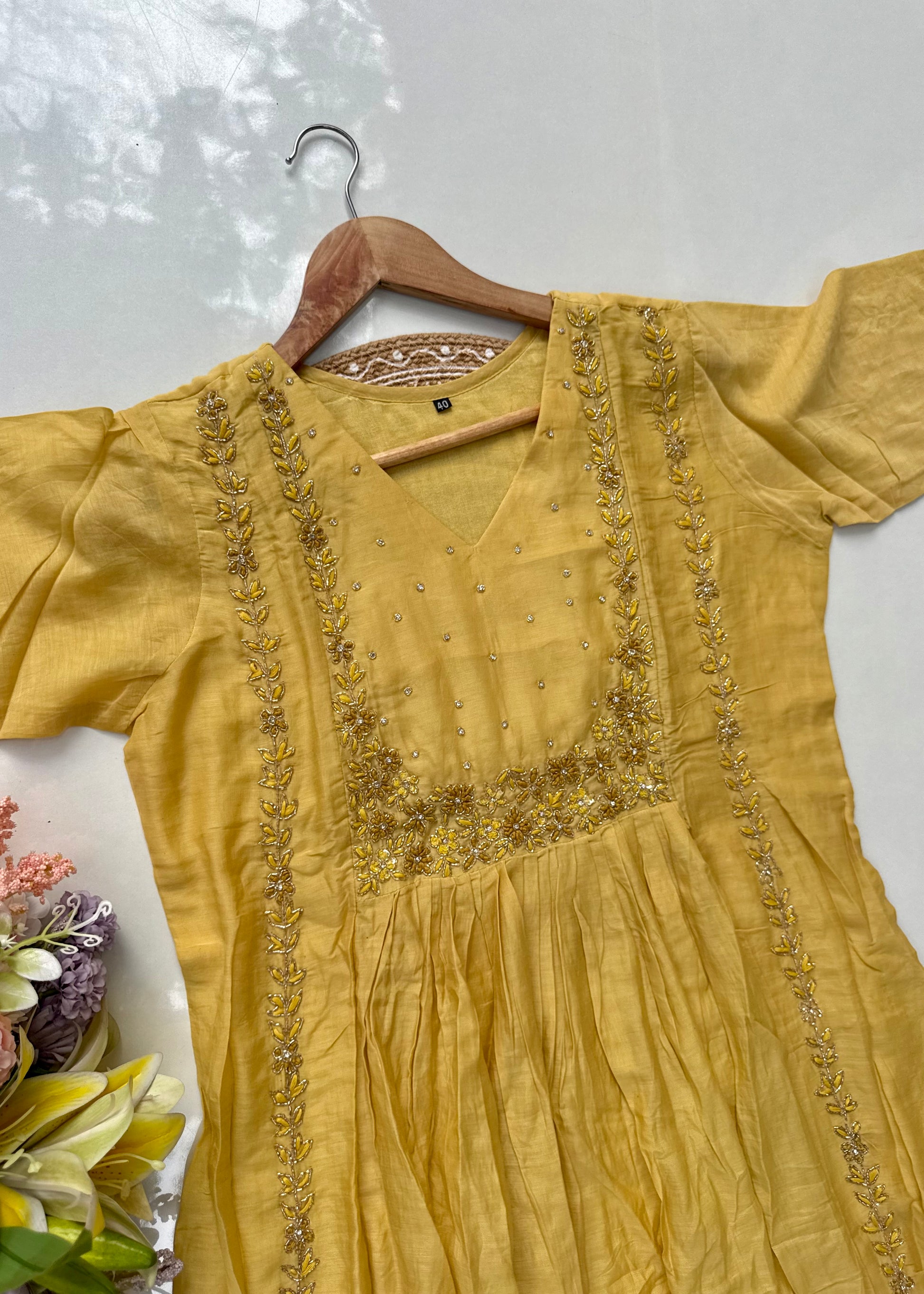 “Ayza” Golden yellow premium Mul Chanderi Anarkali  kurta set 🛍️