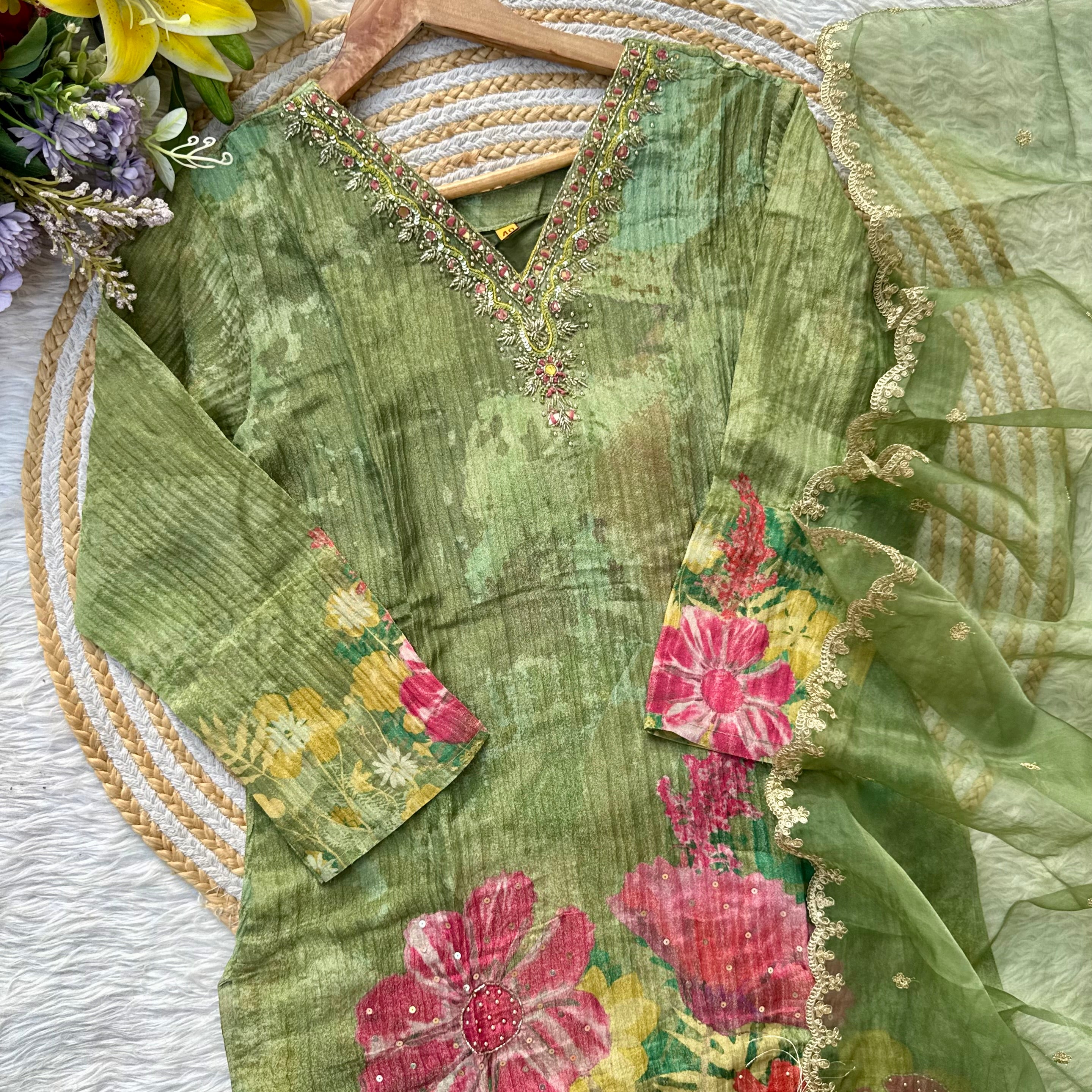 “Darkaar" Premium printed Tissue silk handcrafted kurti bottom with dupatta set 🛍️