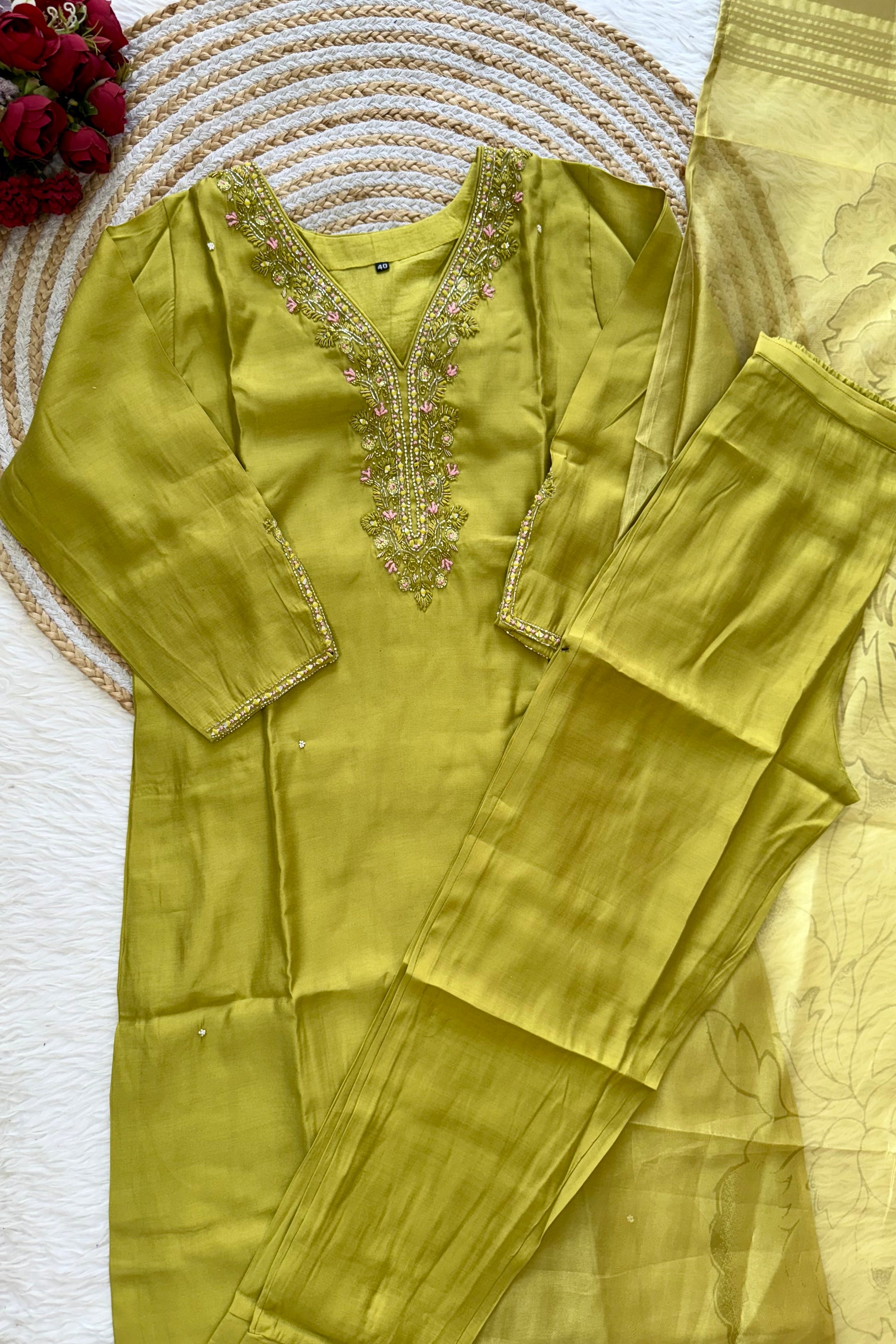 “UMA” Premium roman silk handcrafted kurti set