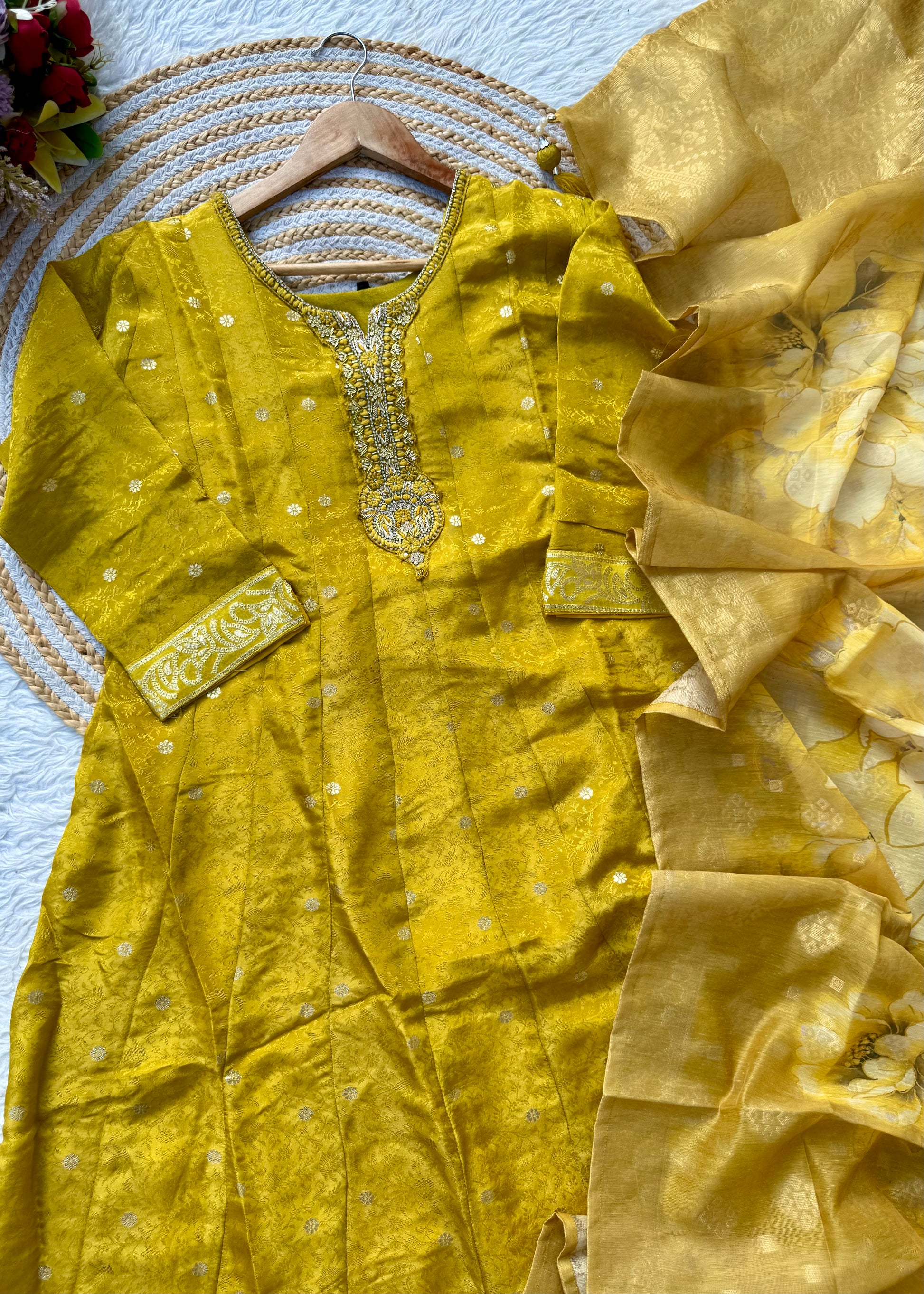 “AMBER” Festive wear handcrafted tissue silk anarkali set
