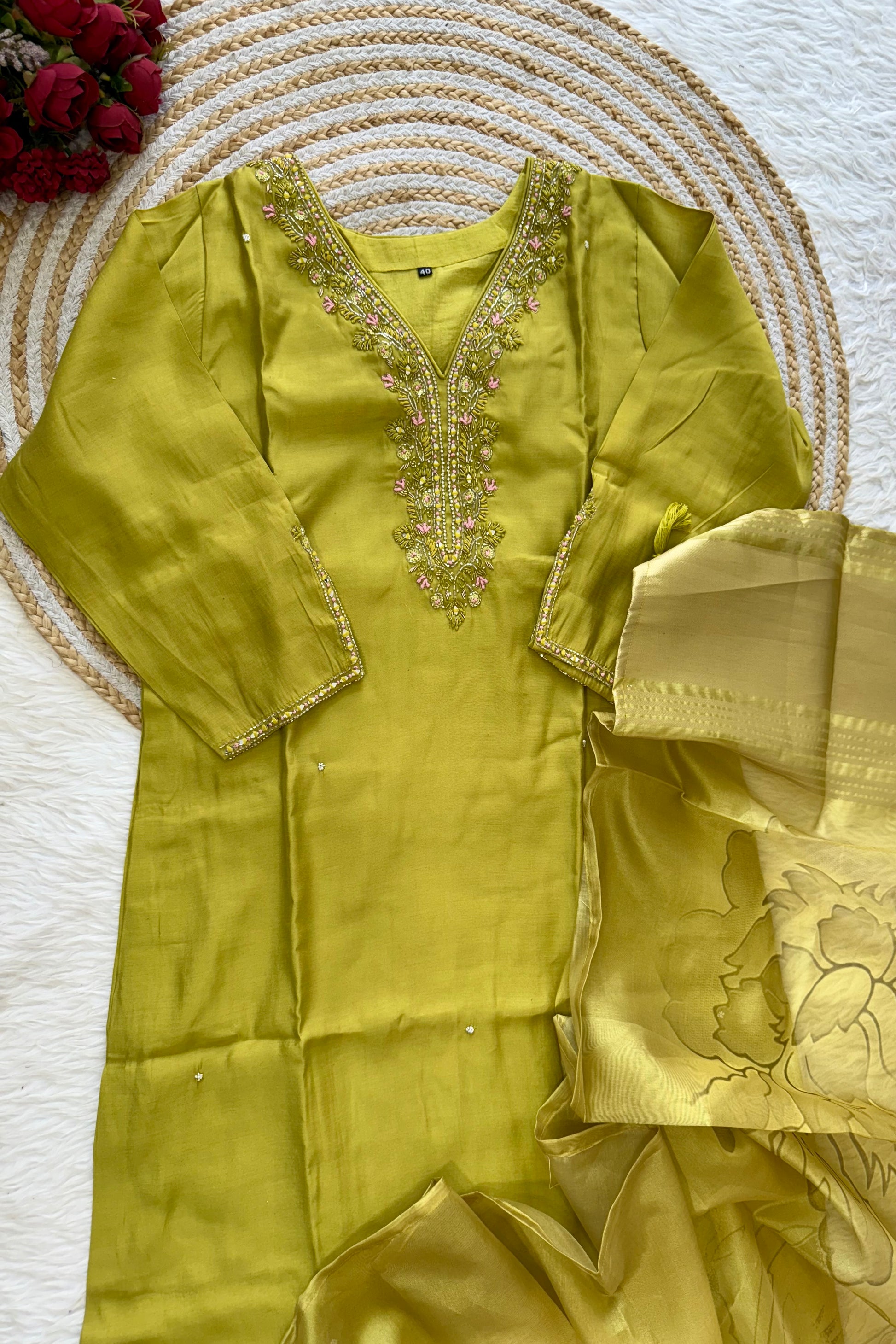 “UMA” Premium roman silk handcrafted kurti set